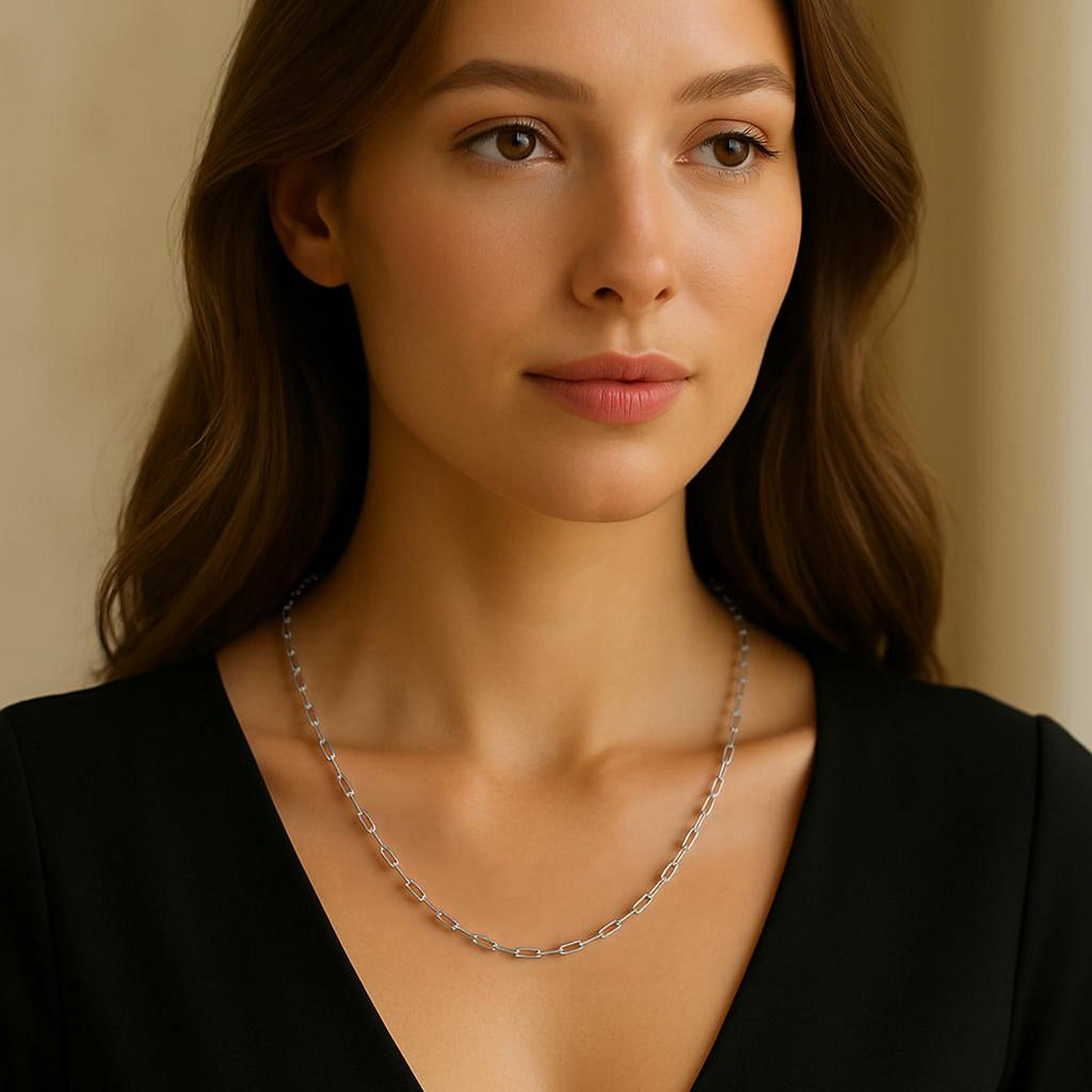 14k white gold fine paperclip chain with modern design, featuring sleek round links for an elegant look.