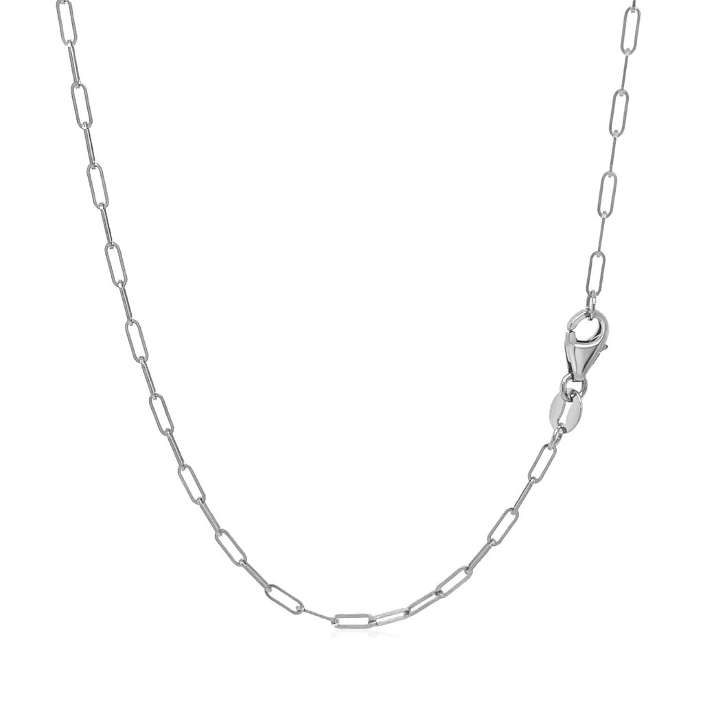 14k white gold fine paperclip chain, modern design with sleek round links, perfect for layering or standalone elegance.