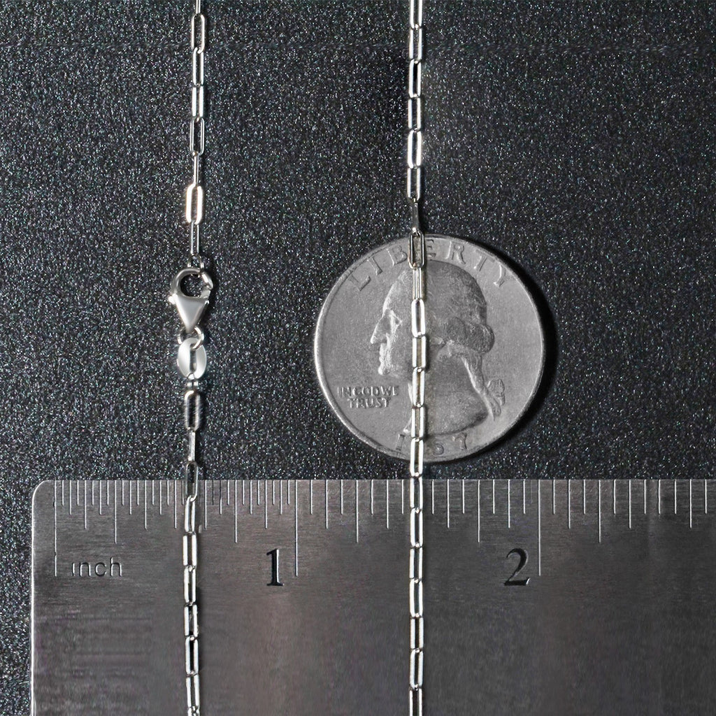 14k white gold fine paperclip chain, modern design with sleek round links, perfect for layering or standalone elegance.