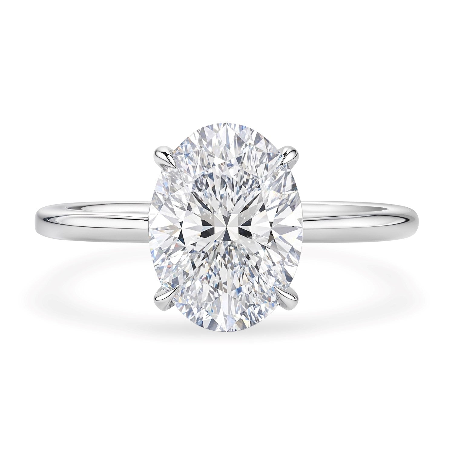 14k white gold solitaire ring featuring a stunning 2 carat oval lab-grown diamond in a classic design.