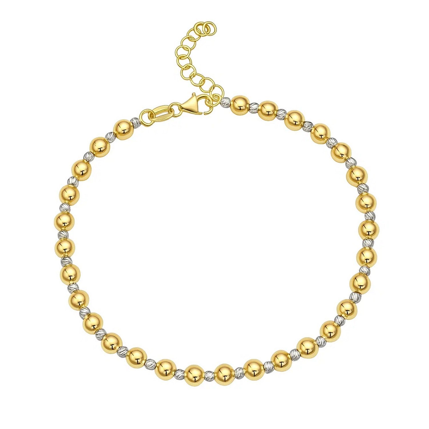 14k two-tone gold polished diamond cut bead bracelet with elegant chain design, perfect for sophisticated style.