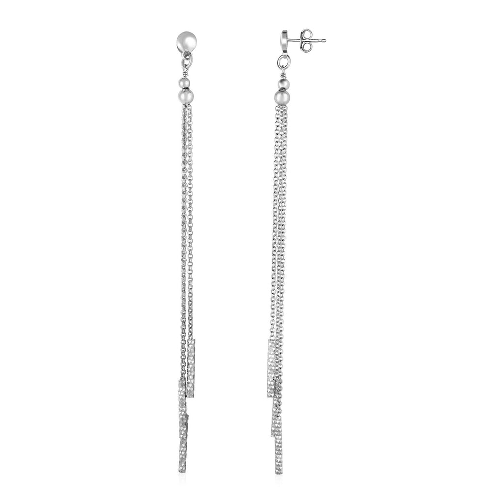 Sterling silver long chain tassel drop earrings with a modern textured bar design for elegant sophistication.