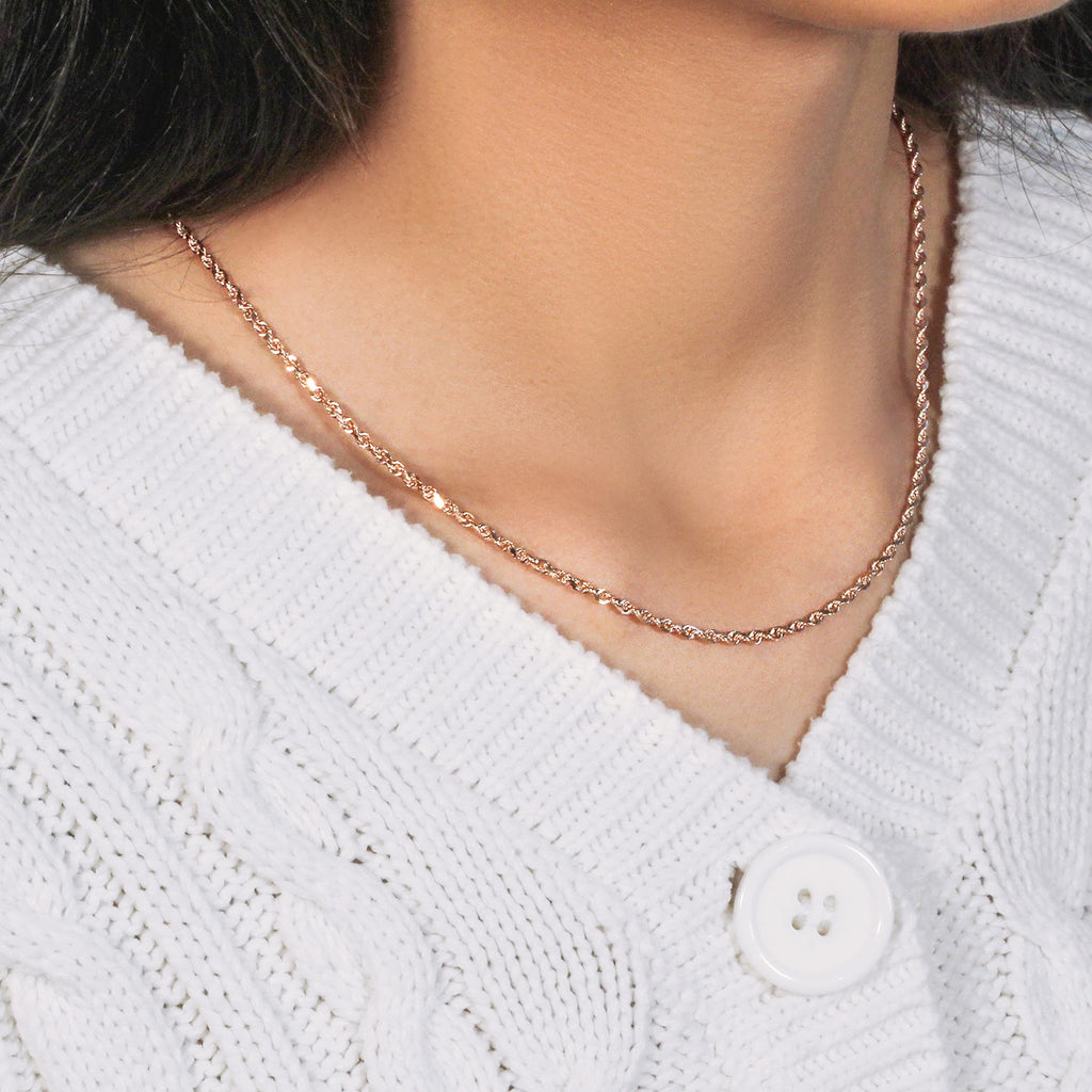14k rose gold diamond cut rope chain, modern design, 2.30 mm width, showcasing exquisite craftsmanship and elegance.
