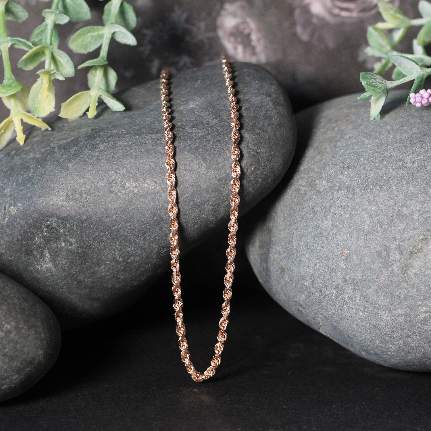 14k rose gold diamond cut rope chain, modern design, 2.30 mm width, showcasing exquisite craftsmanship and elegance.