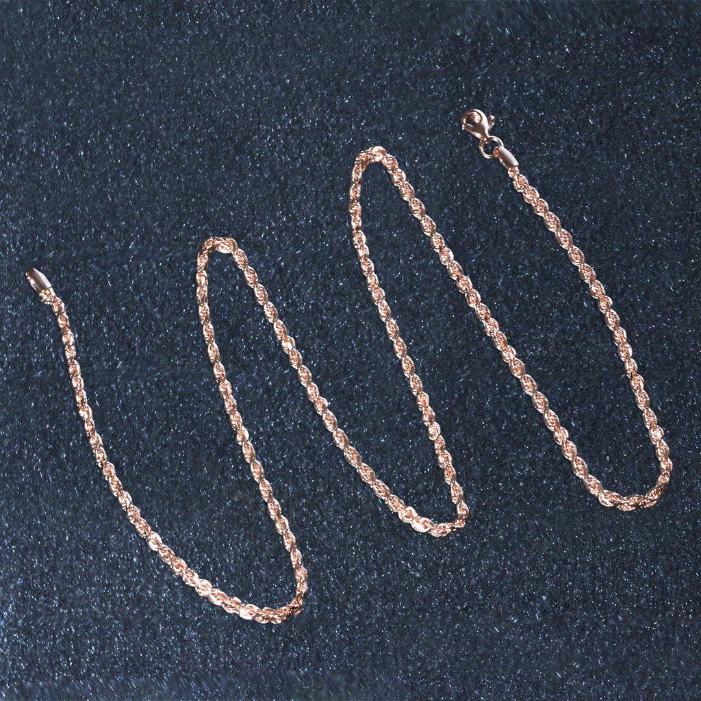 14k rose gold diamond cut rope chain, 2.30 mm, featuring a modern design with elegant round links.