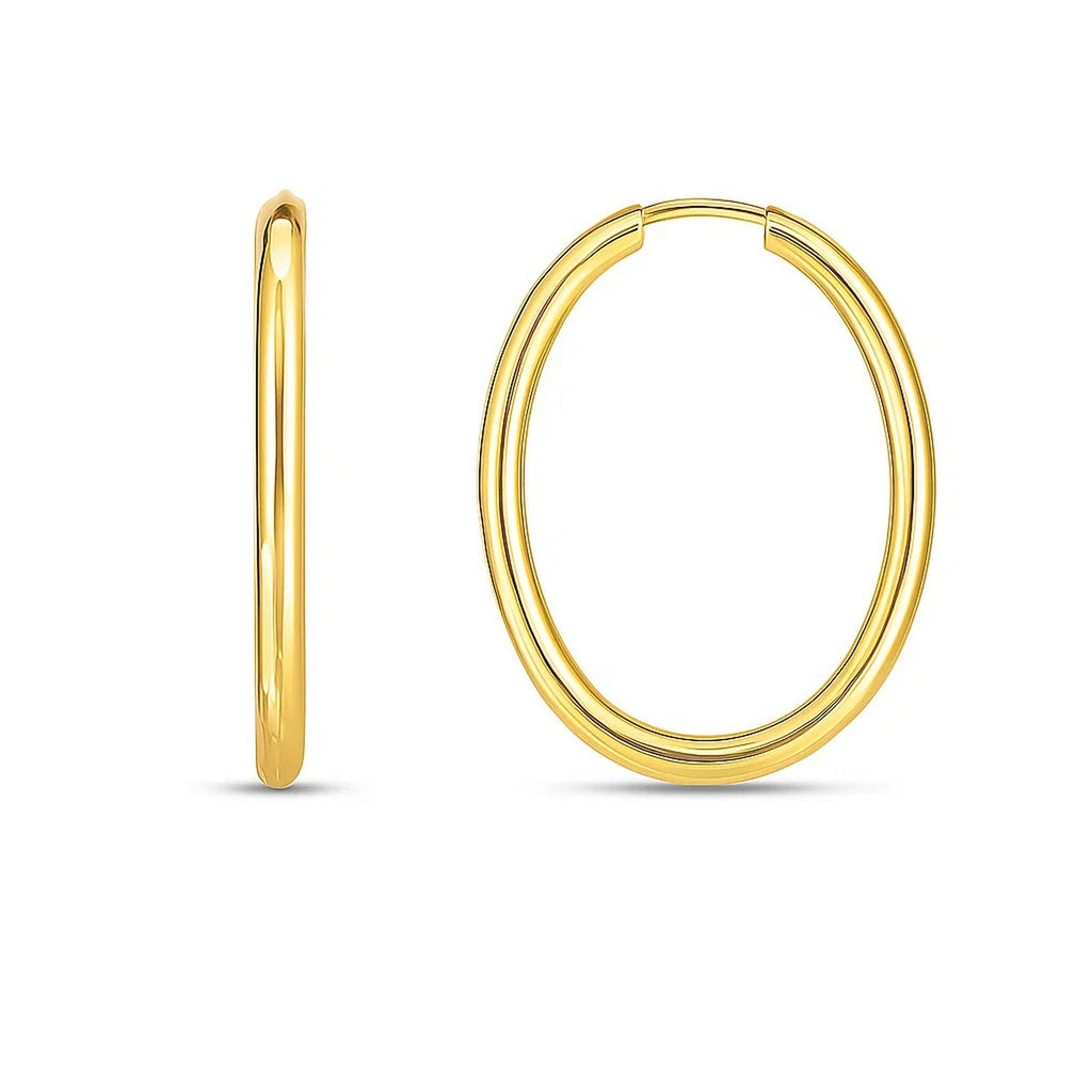 14k yellow gold endless oval hoop earrings with a modern design, perfect for elegant everyday wear.