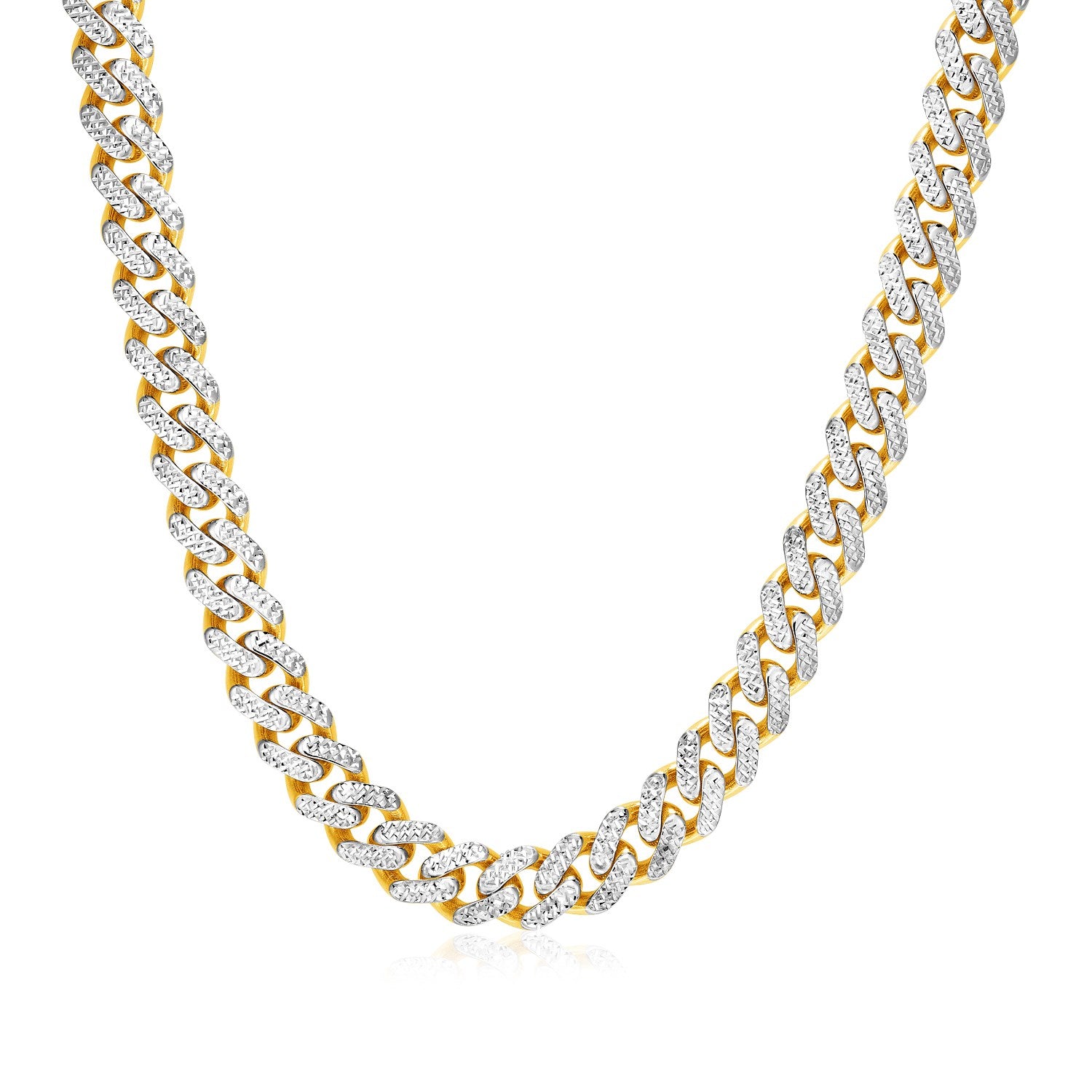 14k two-tone gold Miami Cuban chain necklace adorned with white pave diamonds, showcasing a modern, luxurious design.