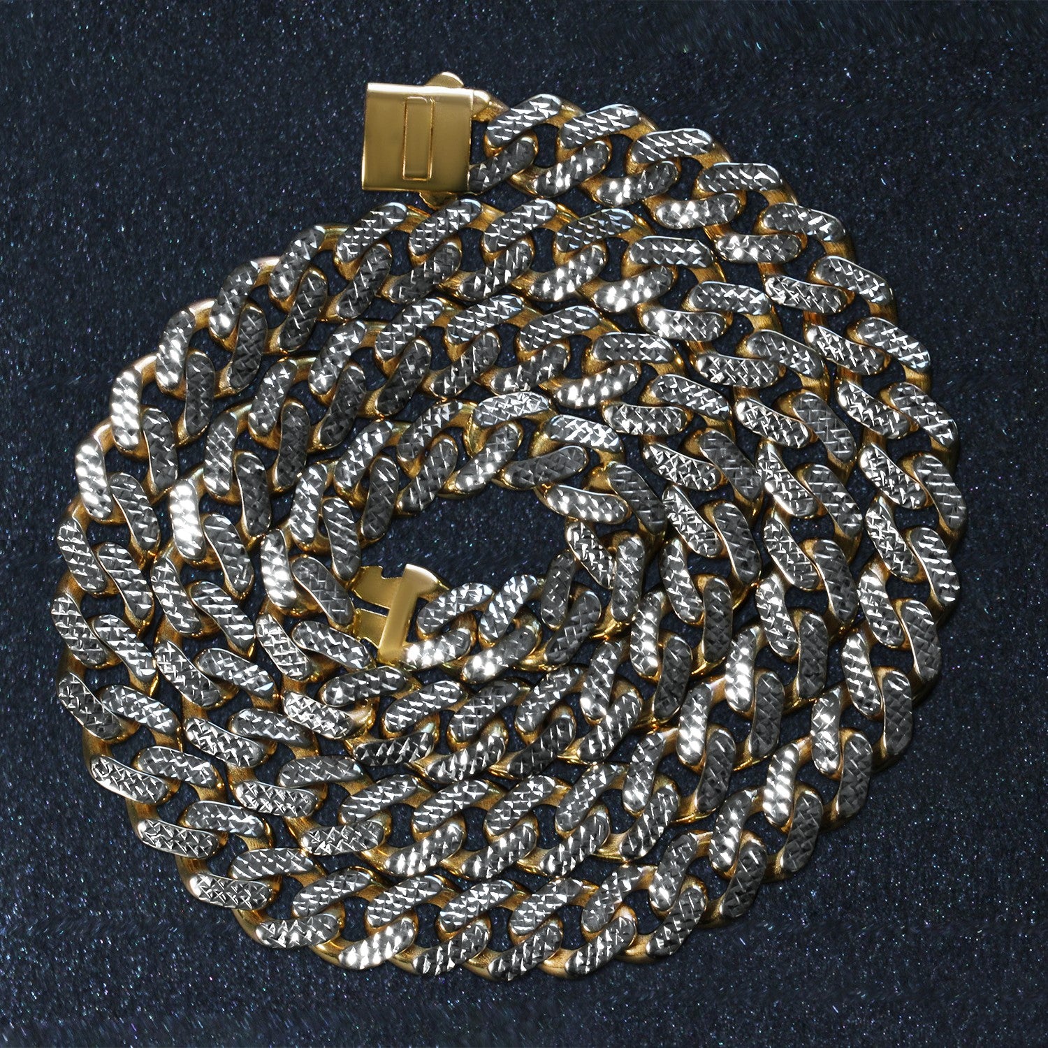 14k two-tone gold Miami Cuban chain necklace featuring white pave accents in a modern design.
