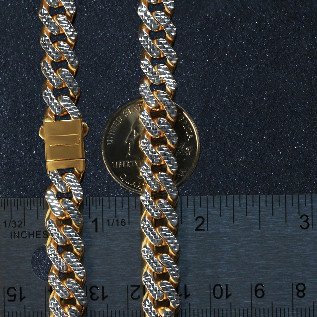14k two-tone gold Miami Cuban chain necklace featuring white pave accents in a modern design.