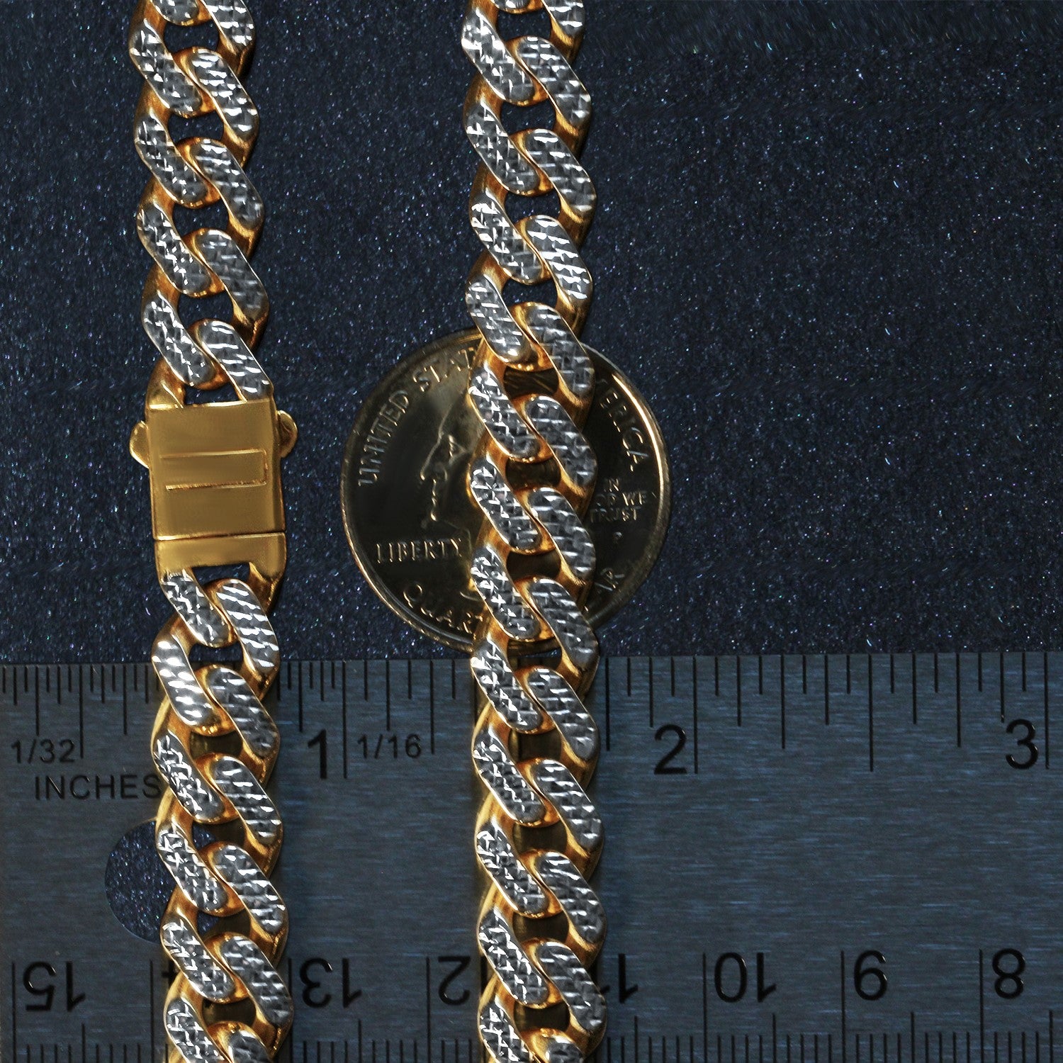 14k two-tone gold Miami Cuban chain necklace featuring white pave accents in a modern design.