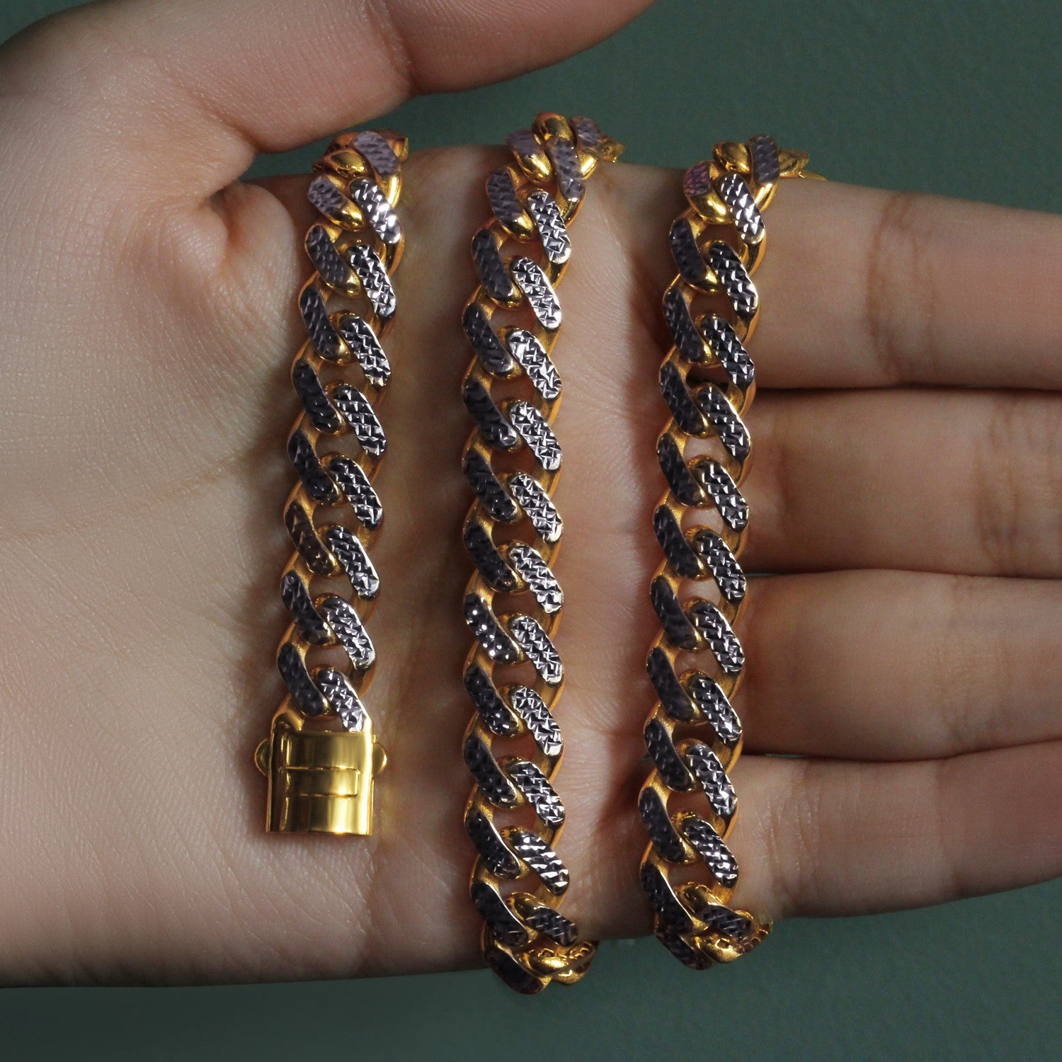 14k two-tone gold Miami Cuban chain necklace with white pave accents, showcasing modern elegance and luxurious craftsmanship.