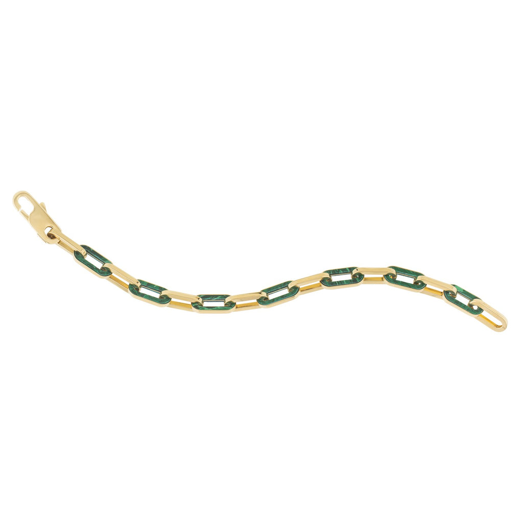 14k yellow gold malachite paperclip gem link bracelet with modern design and elegant finish, perfect for luxury styling.