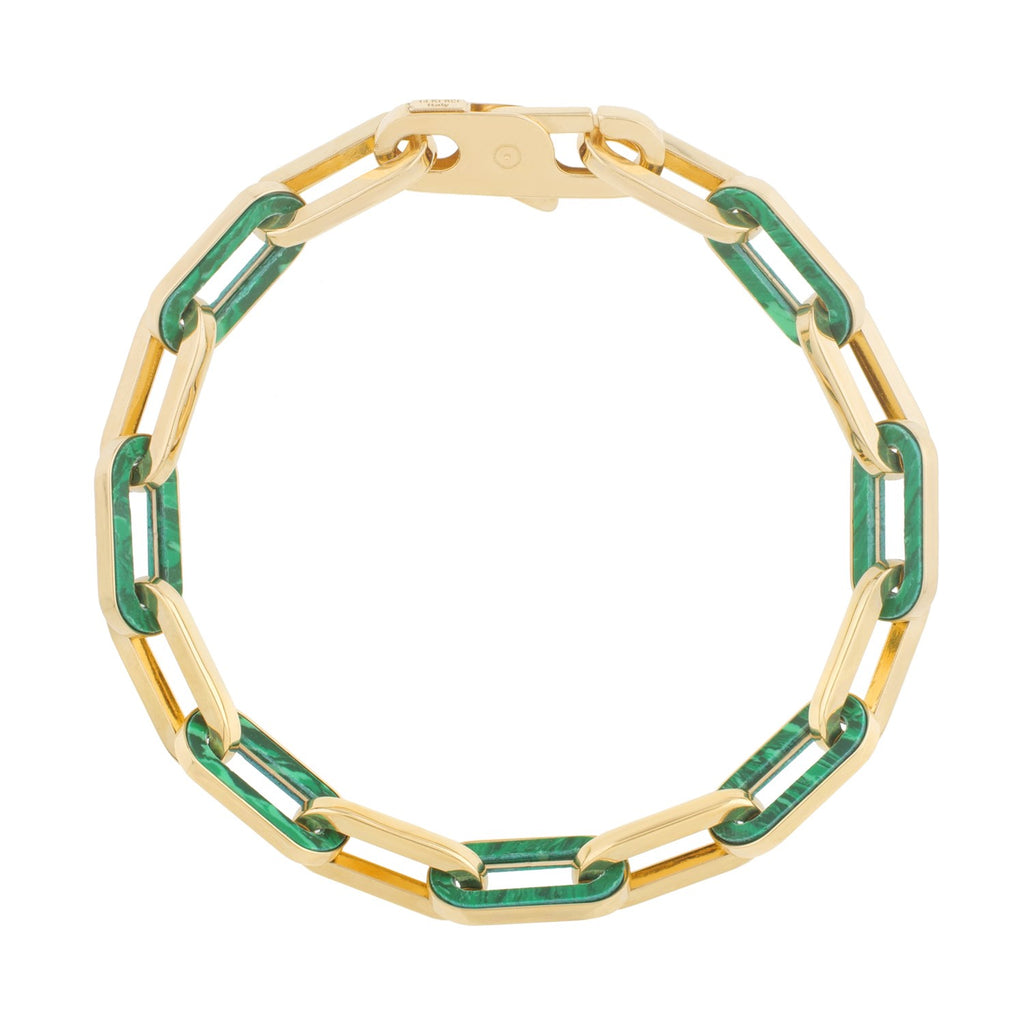 14k yellow gold malachite paperclip bracelet with modern link design, showcasing vibrant green gemstone accents.
