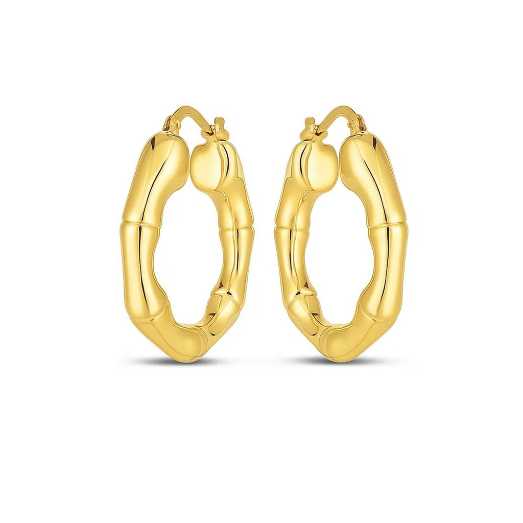 14k yellow gold polished bamboo hoop earrings showcasing a modern design and elegant shine for sophisticated style.