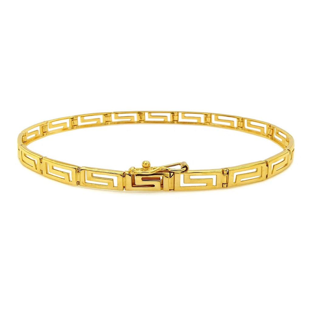14k yellow gold modern Greek fret design bracelet featuring an eternity style, elegant and timeless for luxury wear.