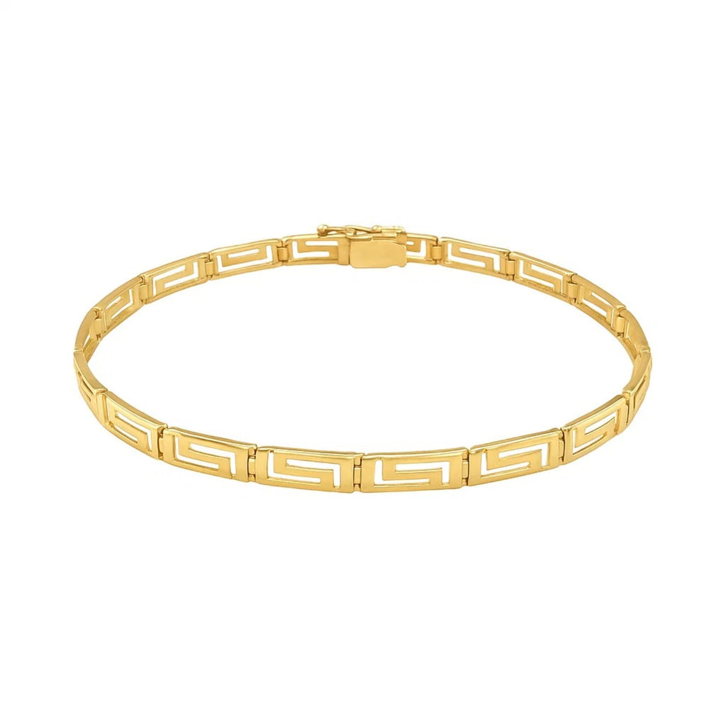 14k yellow gold modern Greek fret design bracelet featuring an eternity style, elegant and timeless for luxury wear.