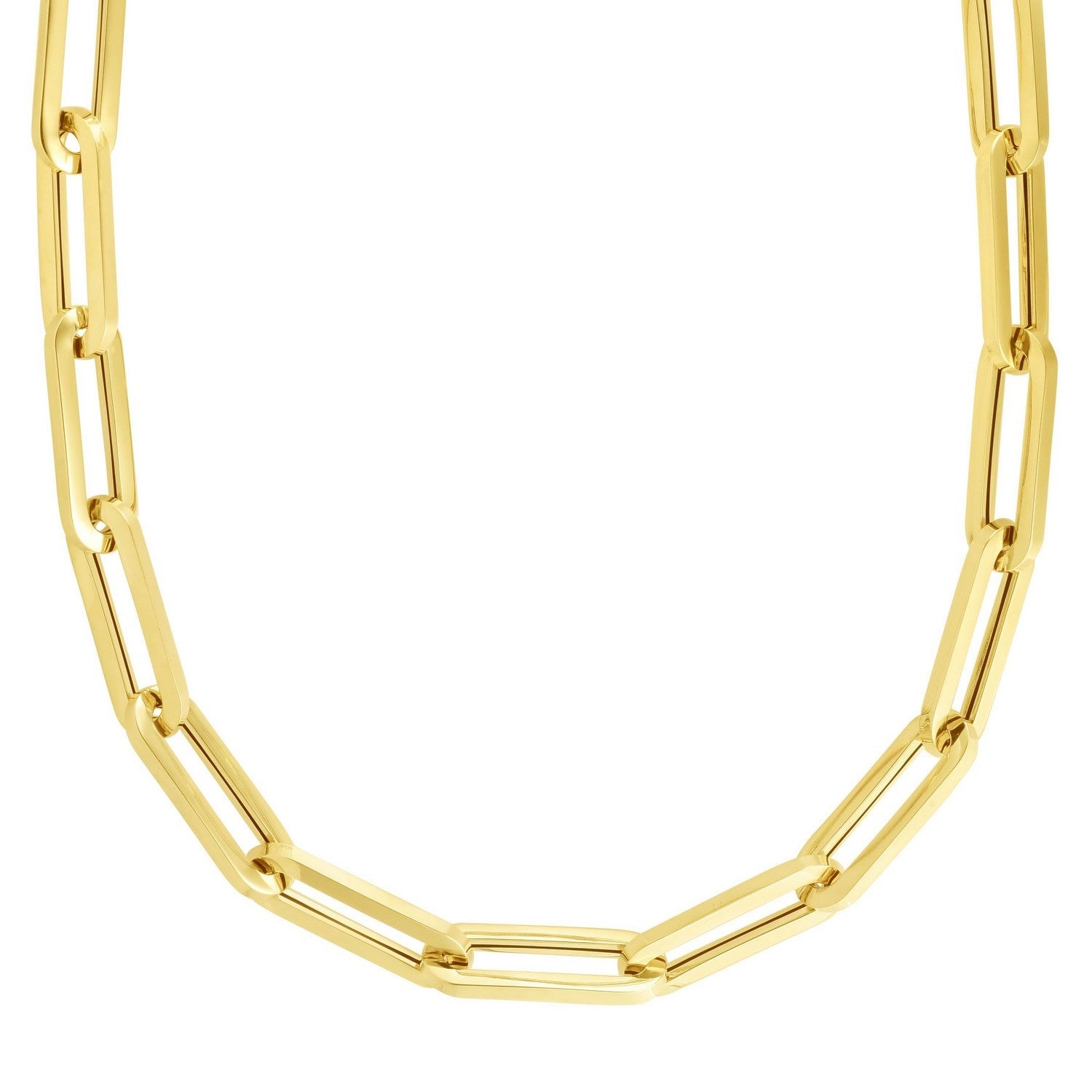 14k yellow gold extra wide paperclip chain necklace with a modern design, showcasing elegant round links.