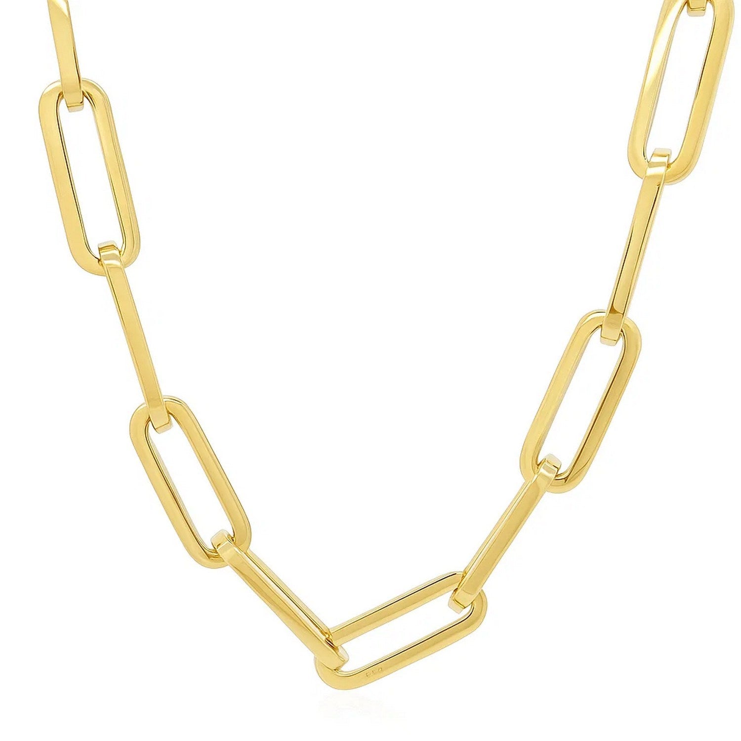 14k yellow gold extra wide paperclip chain necklace with modern design and elegant round links.