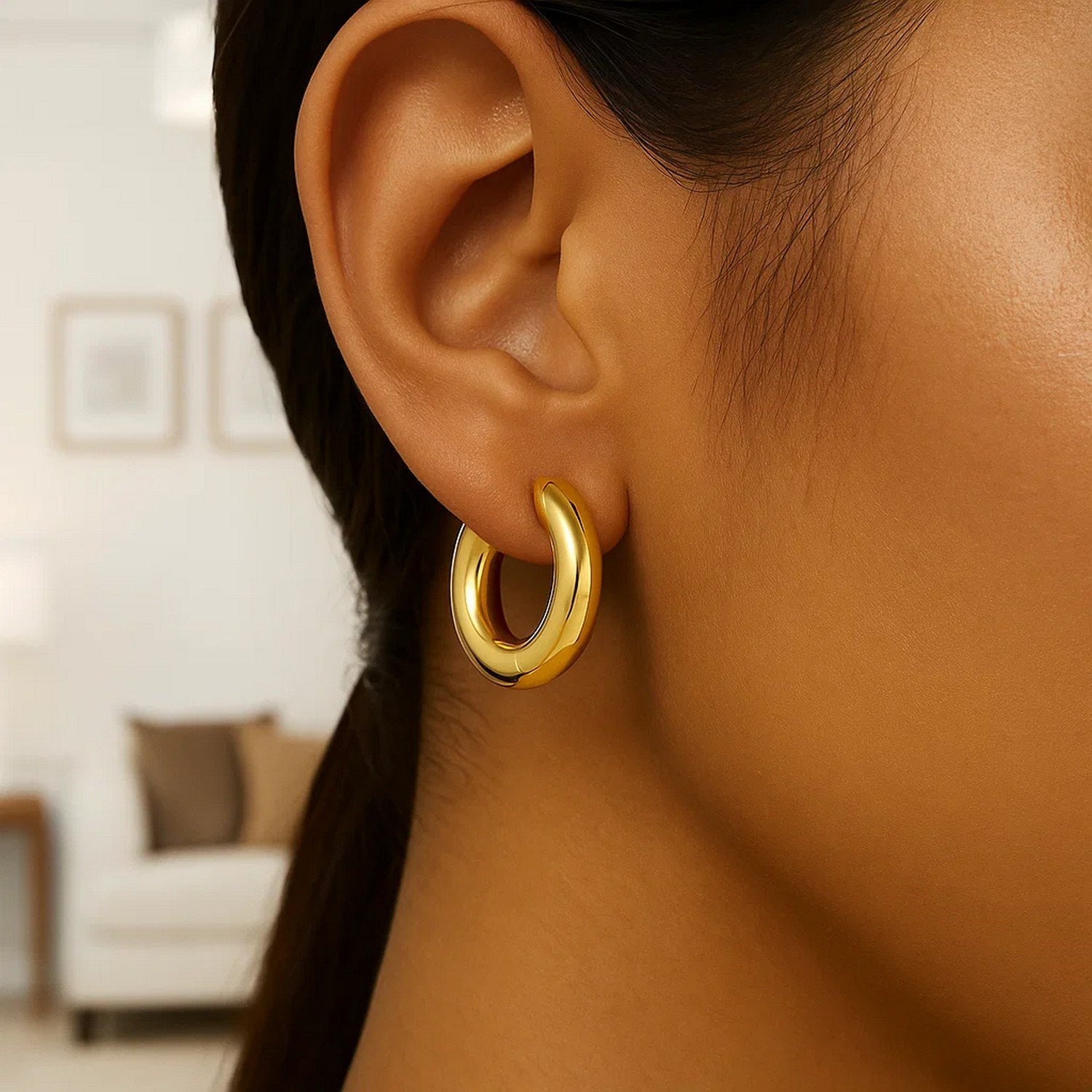 14K yellow gold large round electroform hoop earrings with a contemporary design, perfect for elegant occasions.