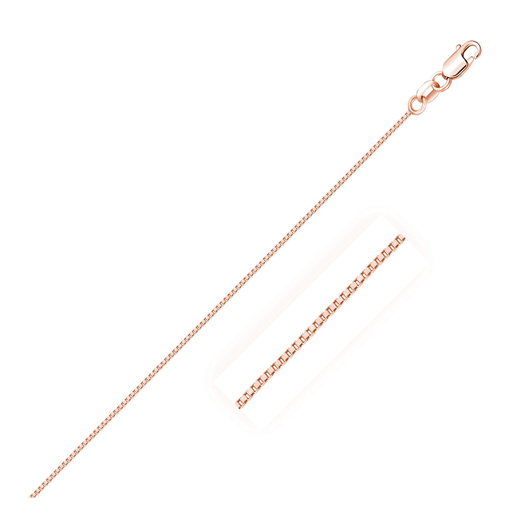 14k rose gold classic box chain, modern design, 0.60 mm thickness, perfect for layering or elegant solo wear.