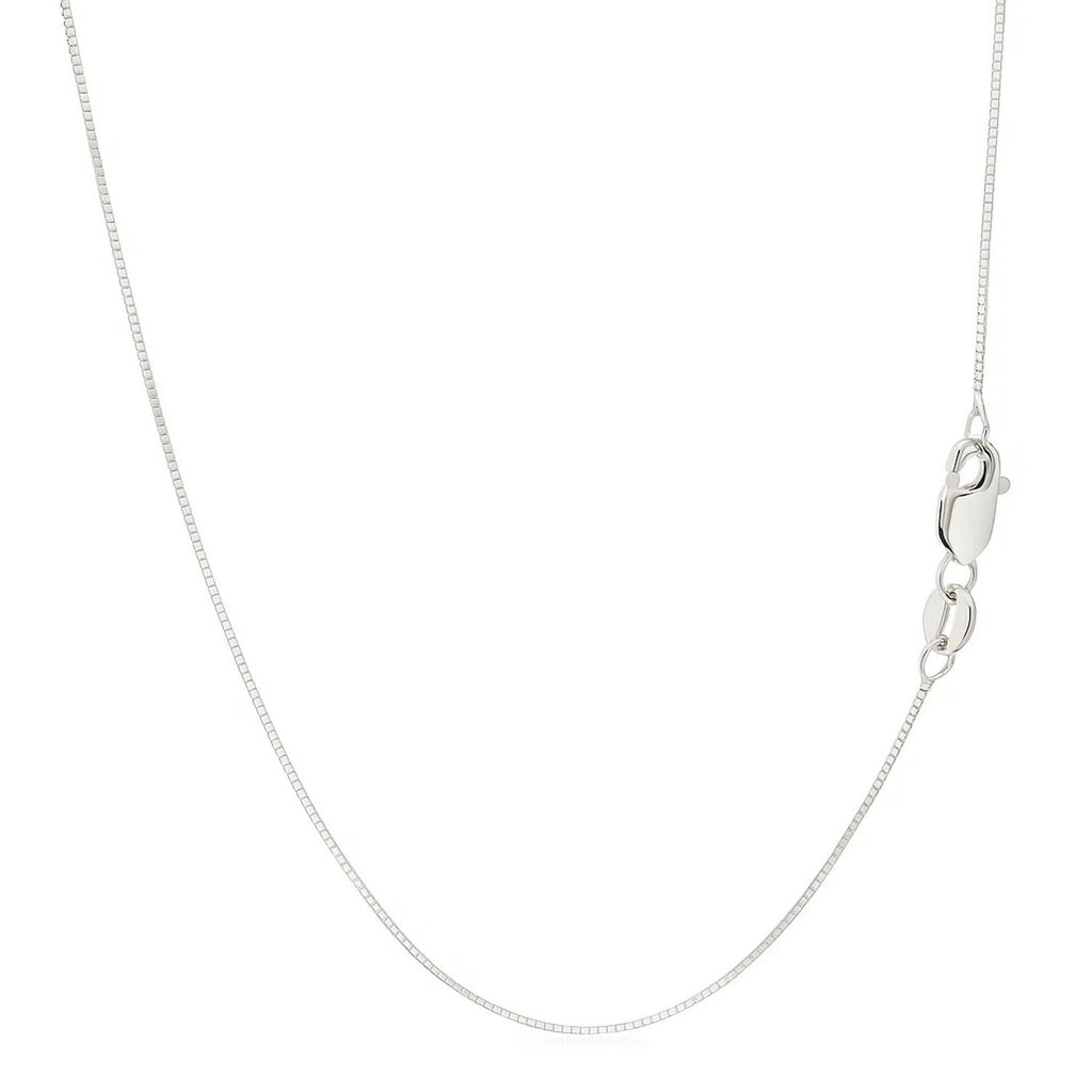 14k white gold classic box chain (0.45 mm) with a sleek, timeless design, perfect for layering or standalone elegance.