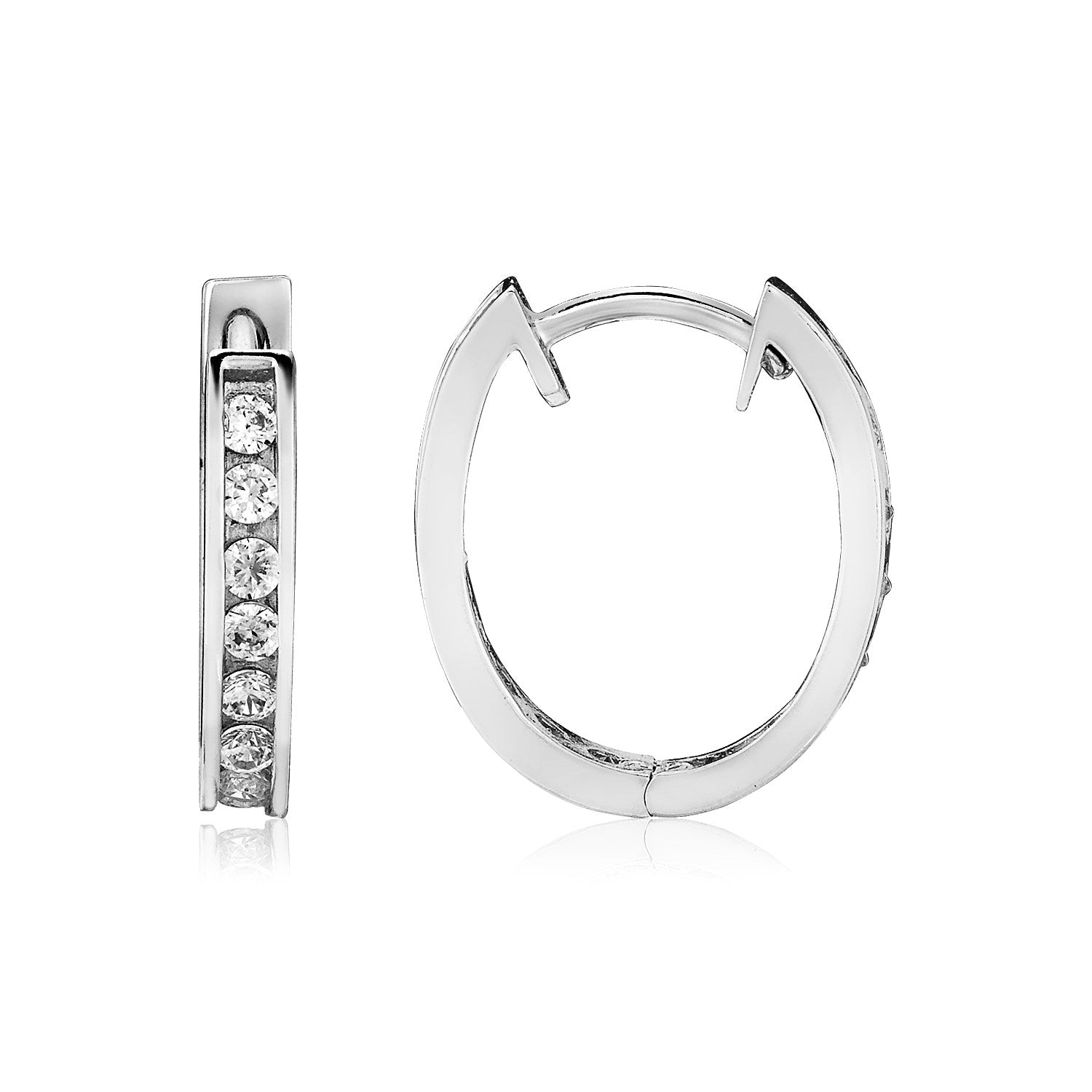 Sterling Silver Polished Oval Hoop Earrings with Cubic Zirconias