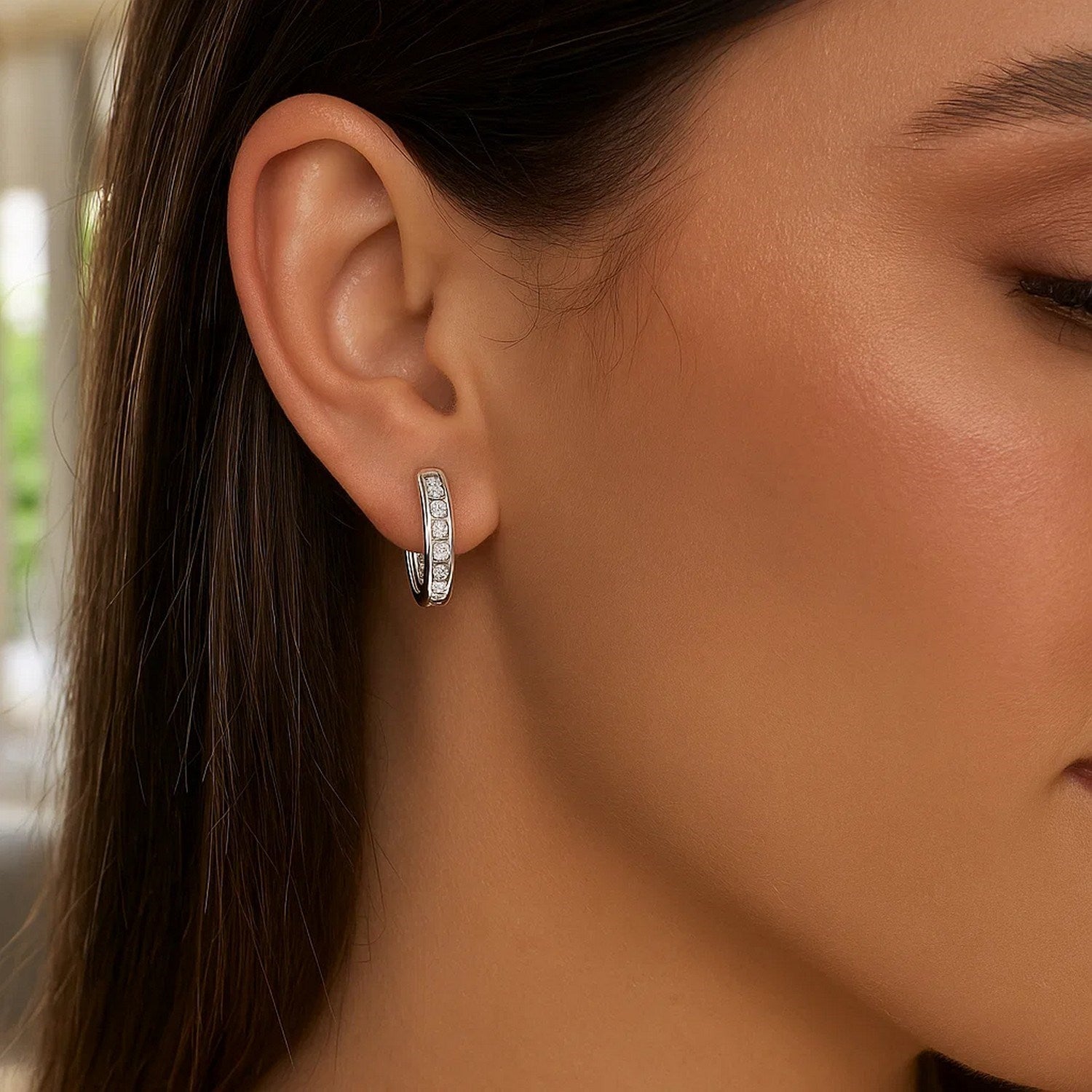 Sterling Silver Polished Oval Hoop Earrings with Cubic Zirconias