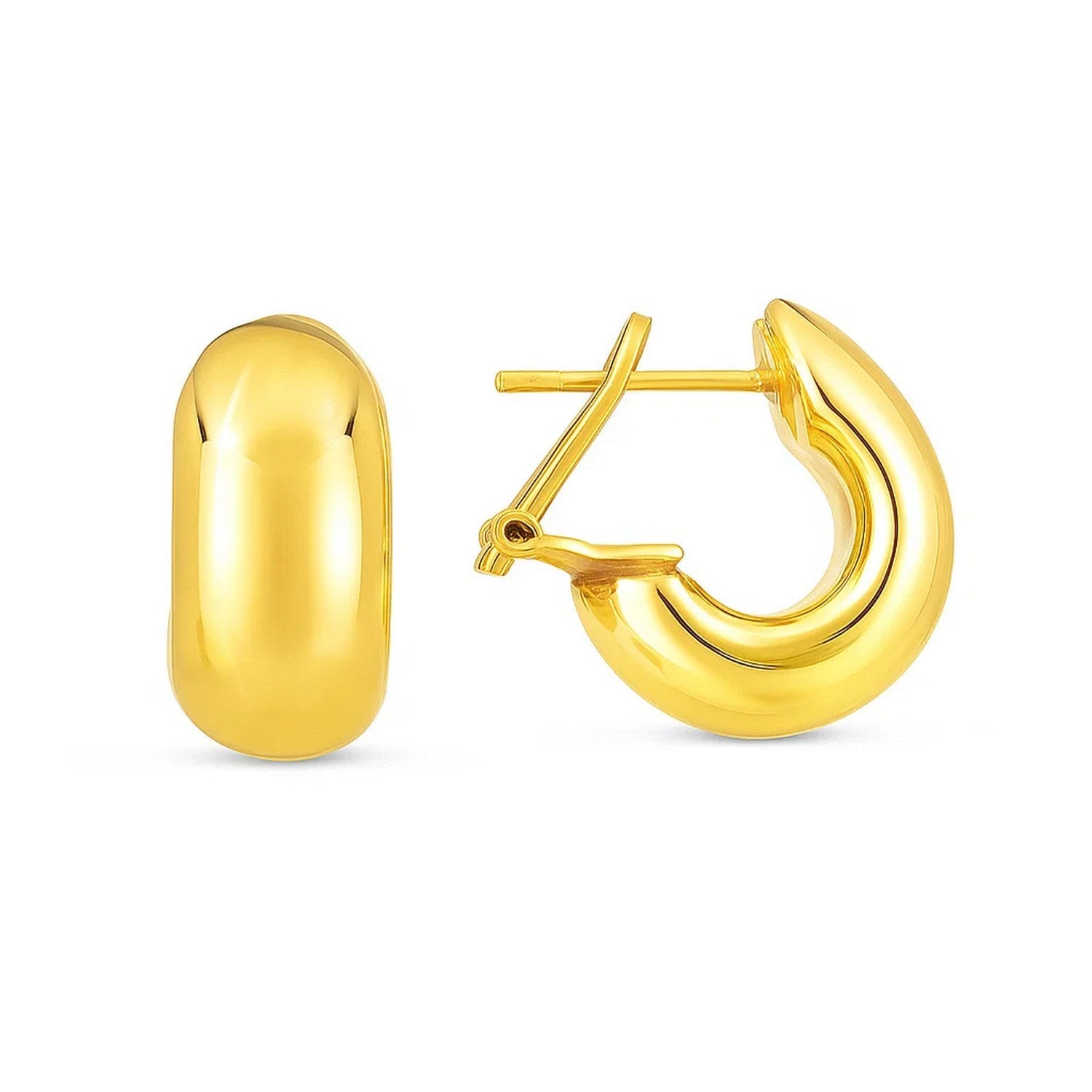 14k yellow gold polished small omega hoop earrings featuring a sleek contemporary design for timeless elegance.