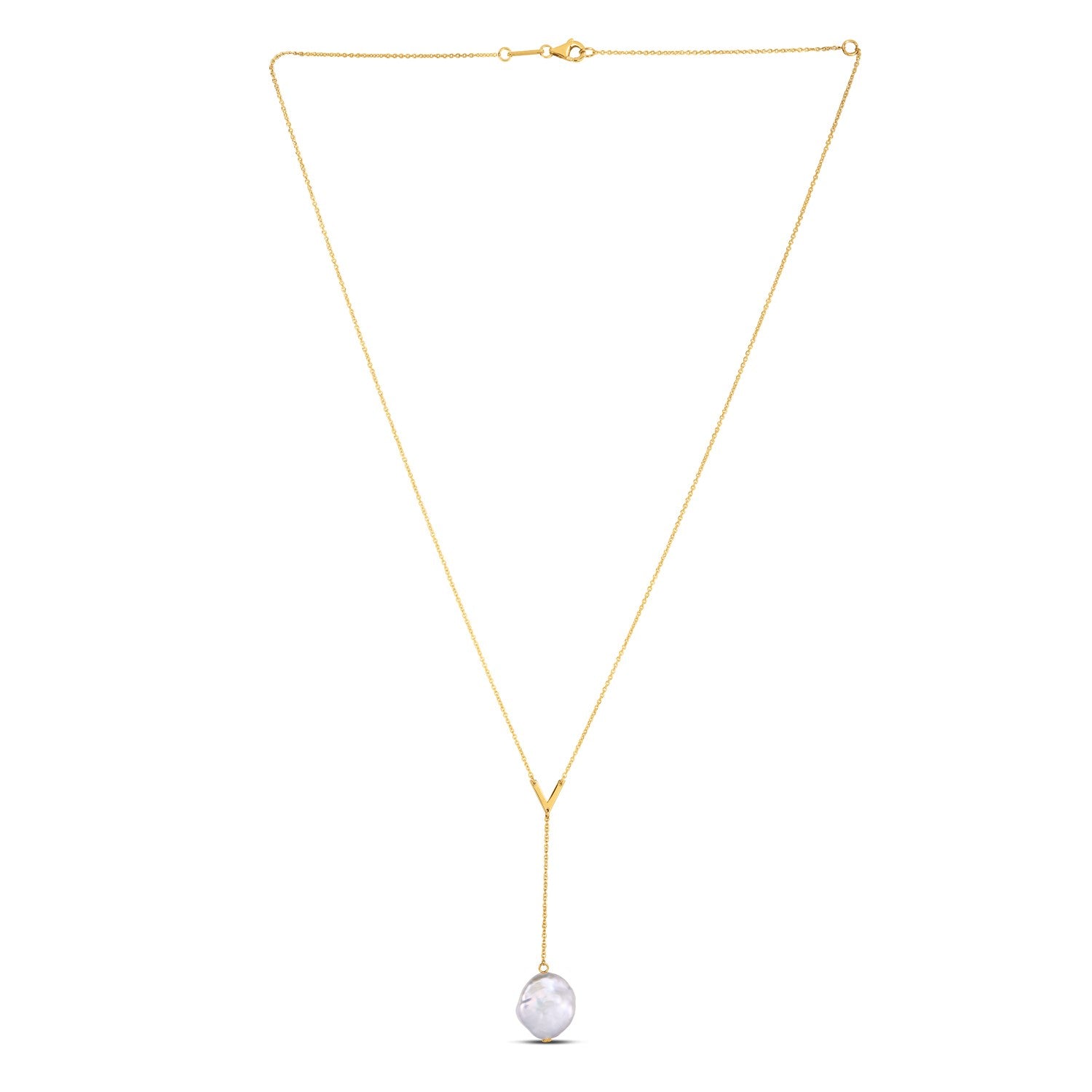 14k yellow gold Tesoro lariat necklace featuring a modern design with elegant pearl accents and a delicate chain.