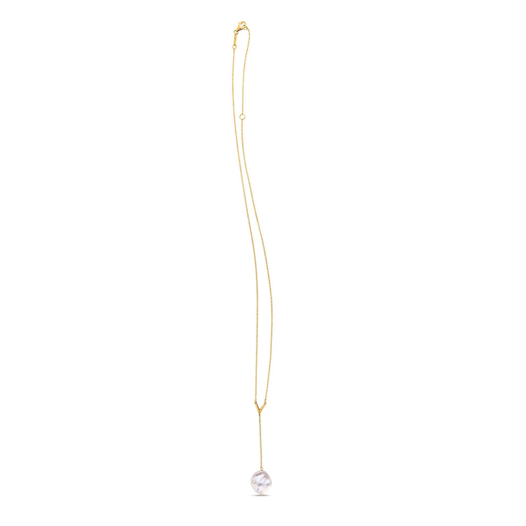 14k yellow gold Tesoro lariat necklace featuring elegant pearls and a modern chain design, perfect for sophisticated style.