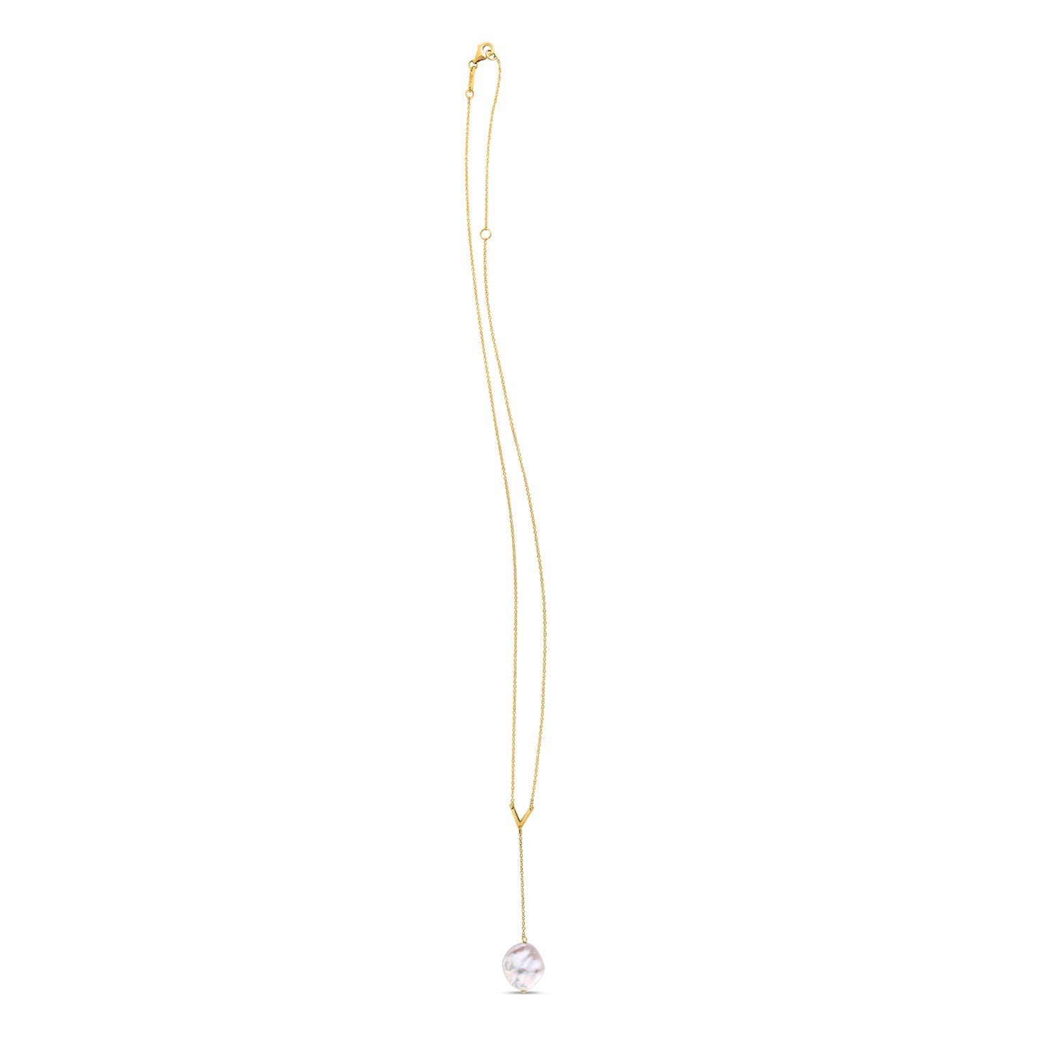 14k yellow gold Tesoro lariat necklace featuring elegant pearls and a modern chain design, perfect for sophisticated style.