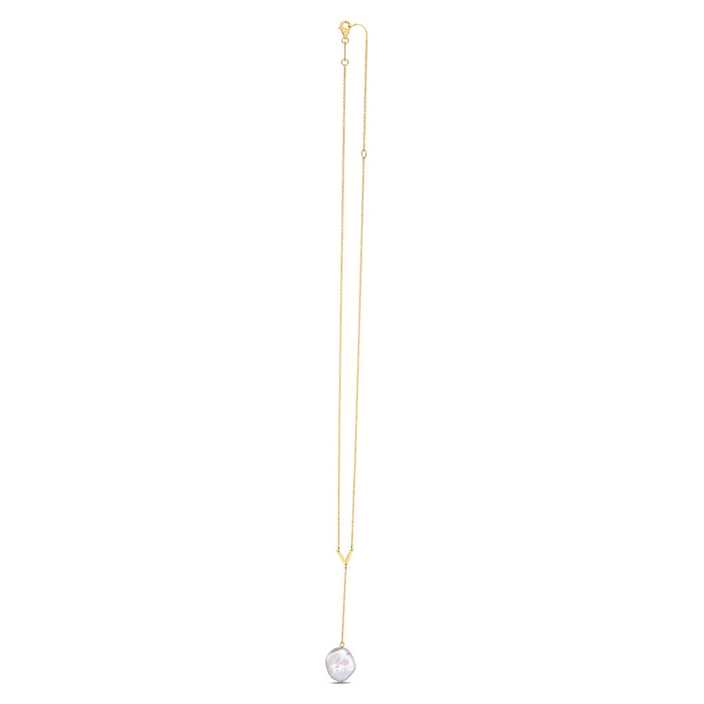14k yellow gold Tesoro pearl lariat necklace featuring a modern design with elegant round pearls and delicate chain.