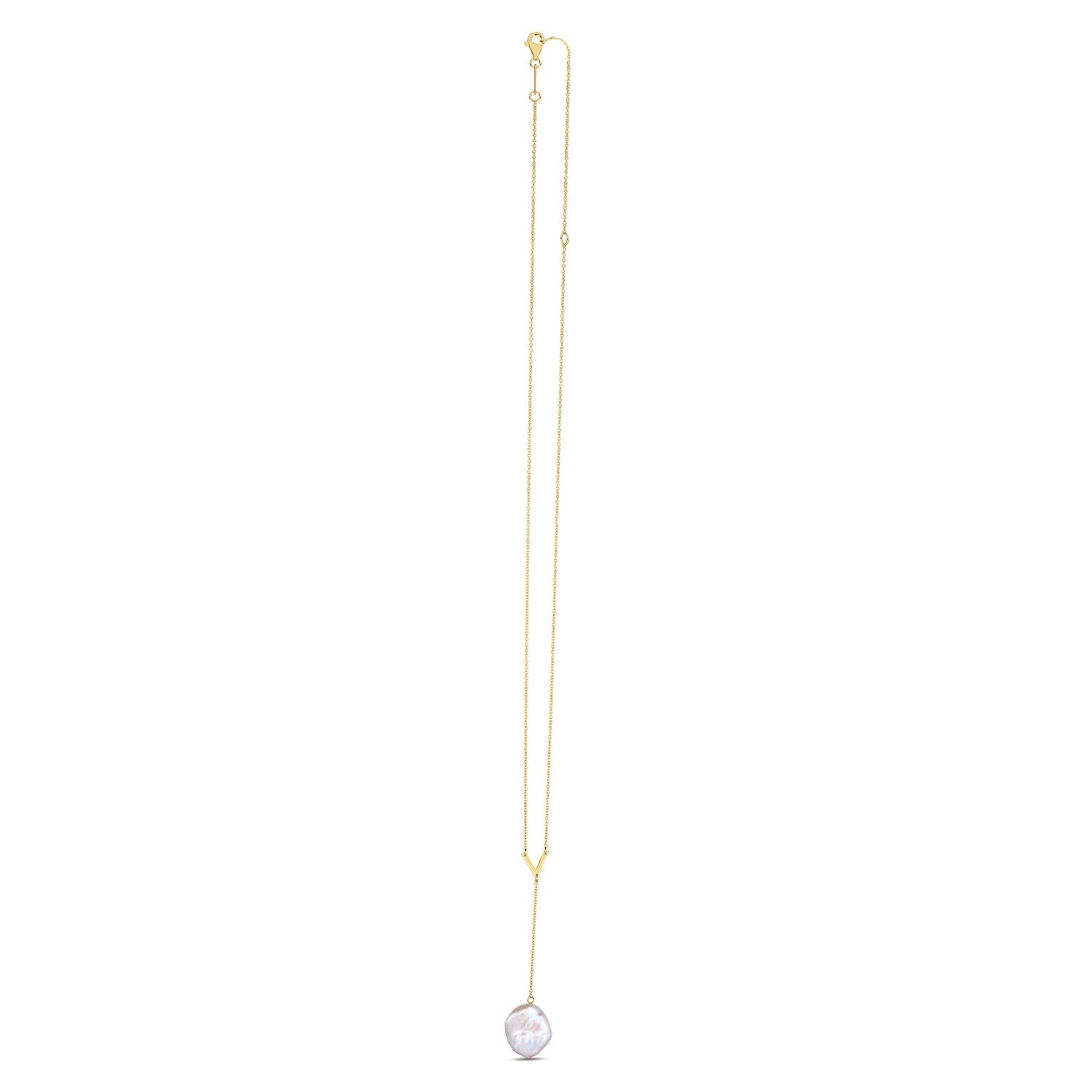 14k yellow gold Tesoro pearl lariat necklace featuring a modern design with elegant round pearls and delicate chain.