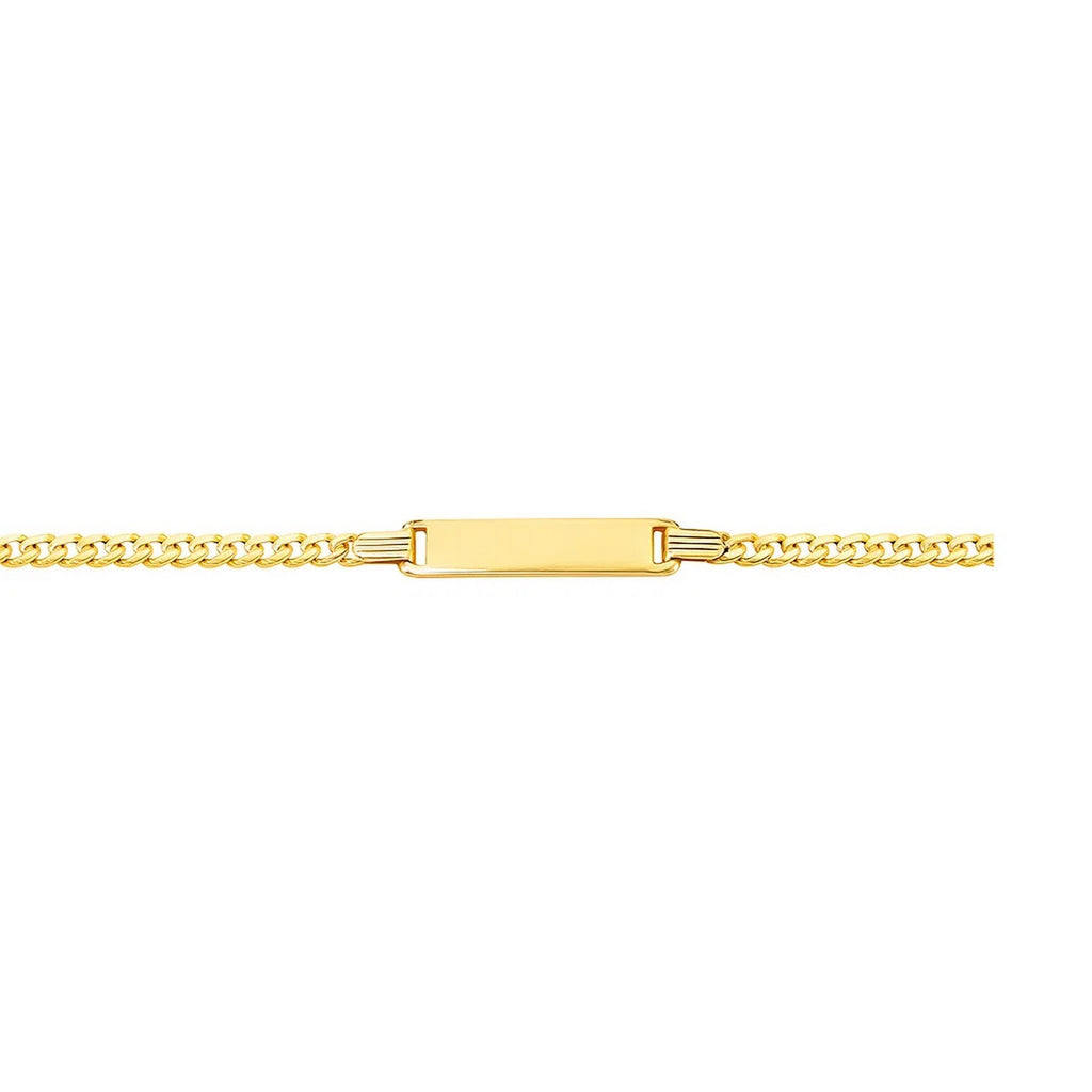 14k yellow gold curb link style children's ID bracelet with modern design, perfect for elegant gifting.
