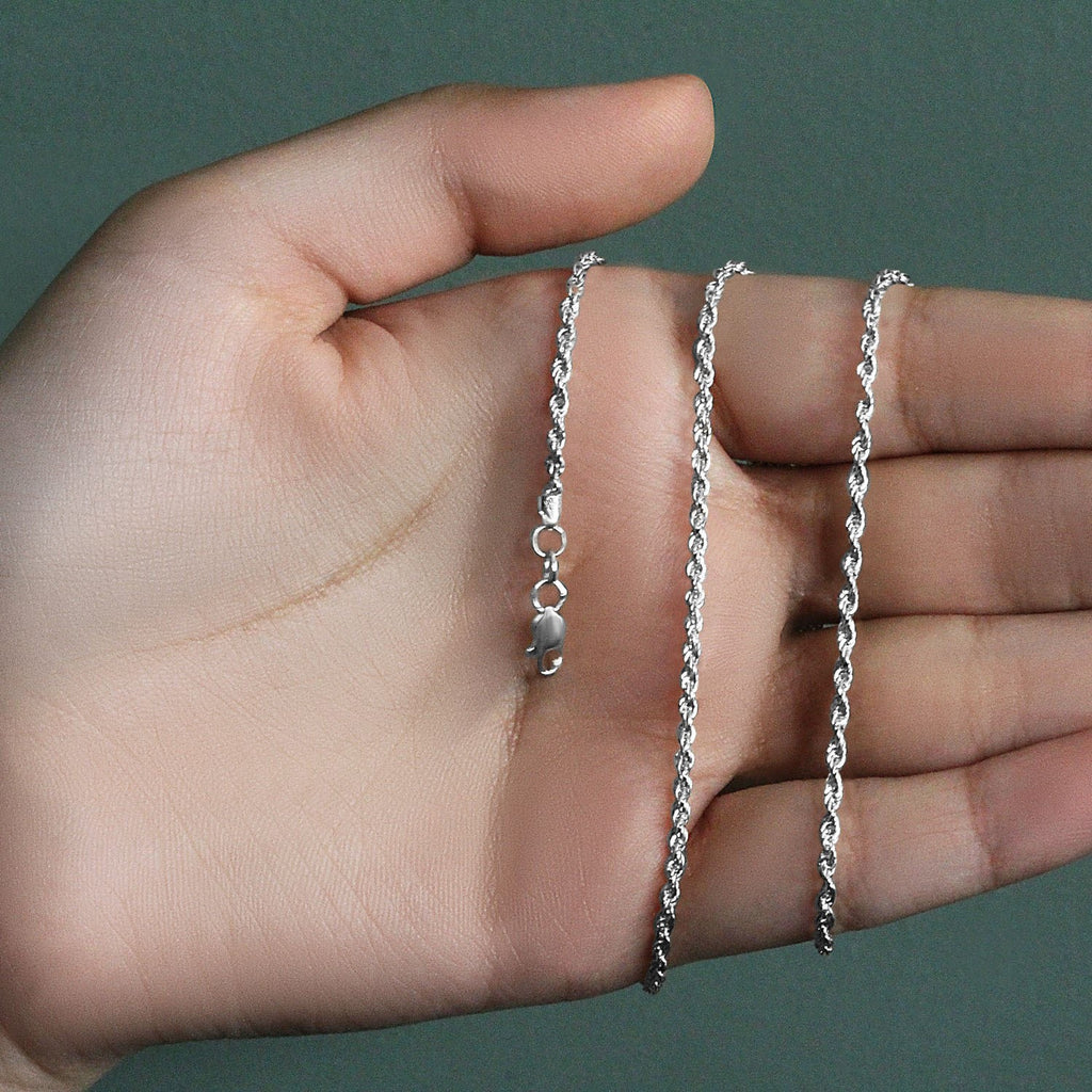 Elegant 14k white gold light rope chain (2.00 mm) showcasing refined craftsmanship and timeless design.