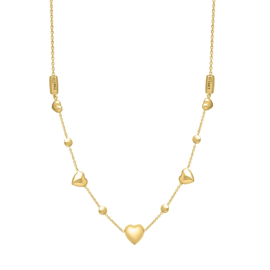 14k yellow gold puff heart adjustable necklace with a classic round chain design, perfect for elegant layering.