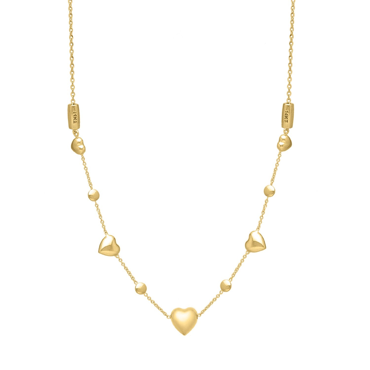 14k yellow gold puff heart adjustable necklace with a classic round chain design, perfect for elegant layering.