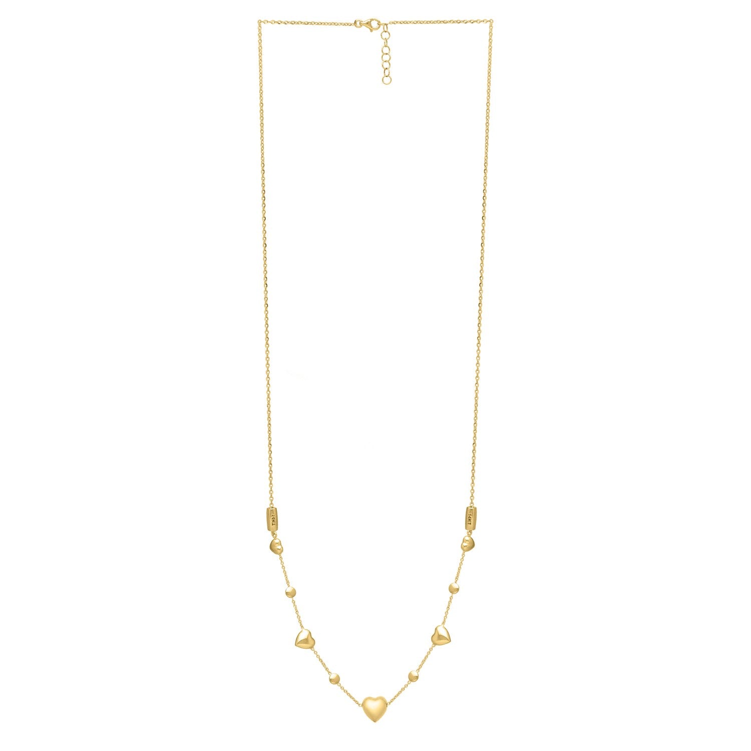 14k yellow gold puff heart adjustable necklace with a classic round chain design, perfect for elegant layering.