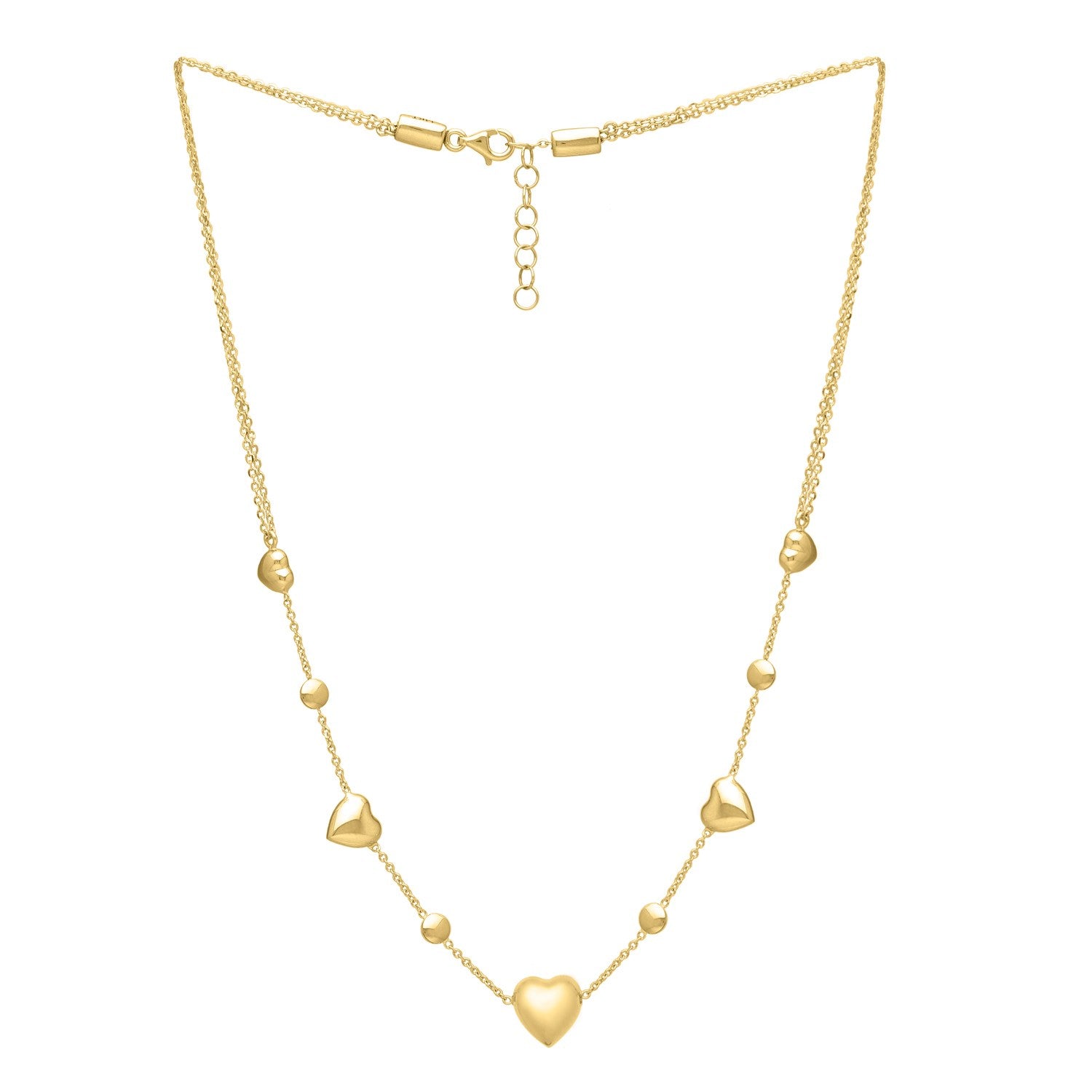 14k yellow gold puff heart adjustable necklace with a classic round chain design, perfect for elegant layering.