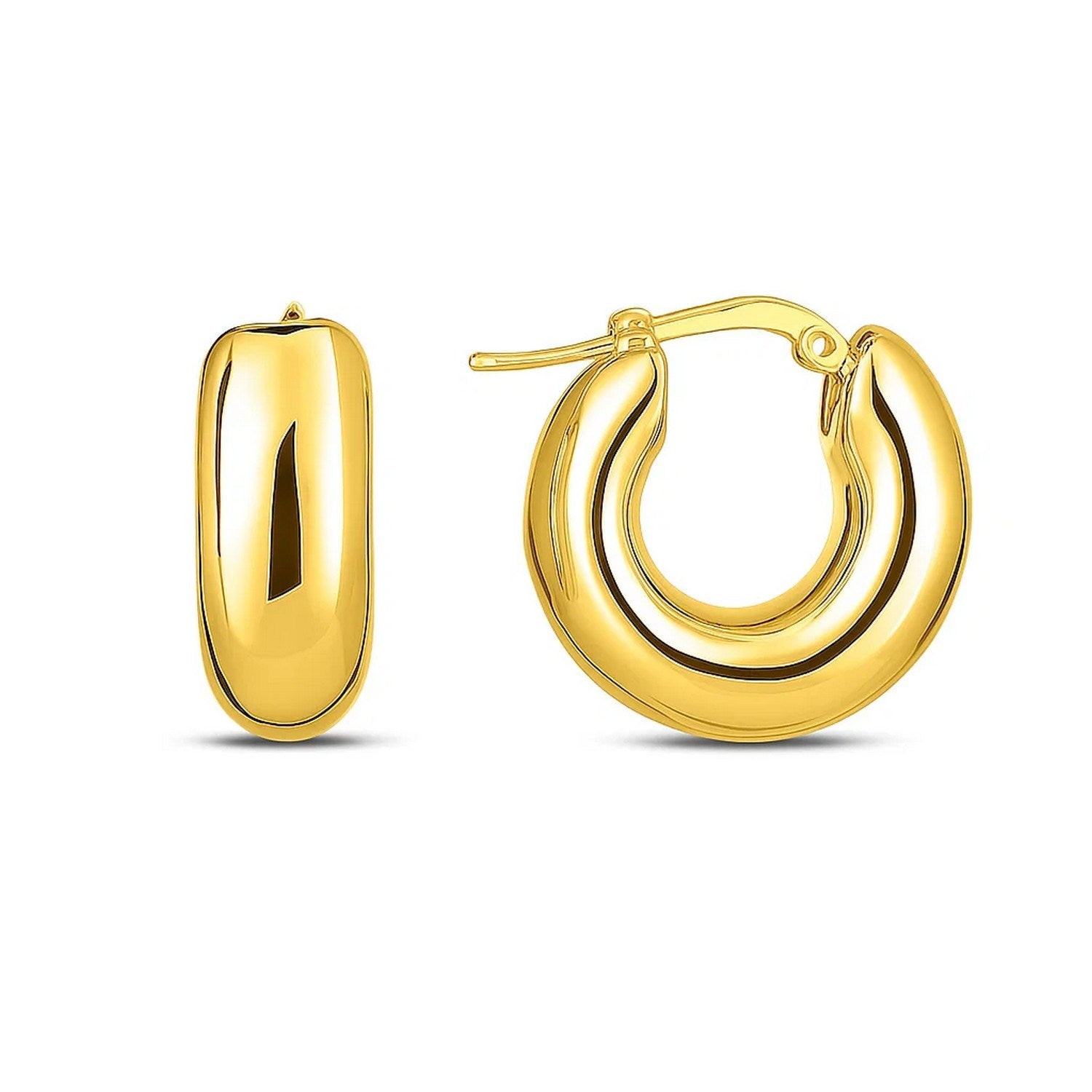 14k yellow gold polished small puffy hoop earrings with a modern design, perfect for elegant everyday wear.