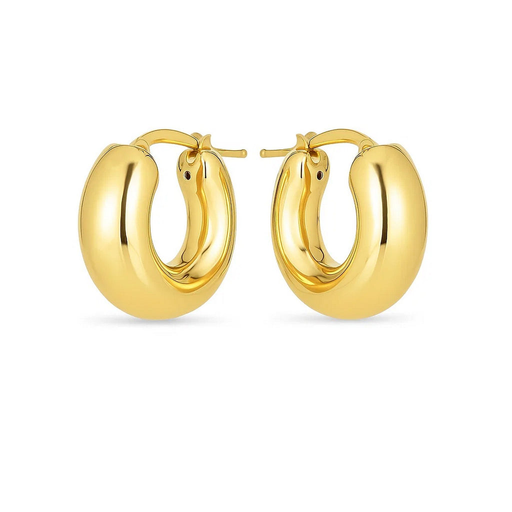 14k yellow gold polished small puffy hoop earrings with a modern design, perfect for elegant everyday wear.