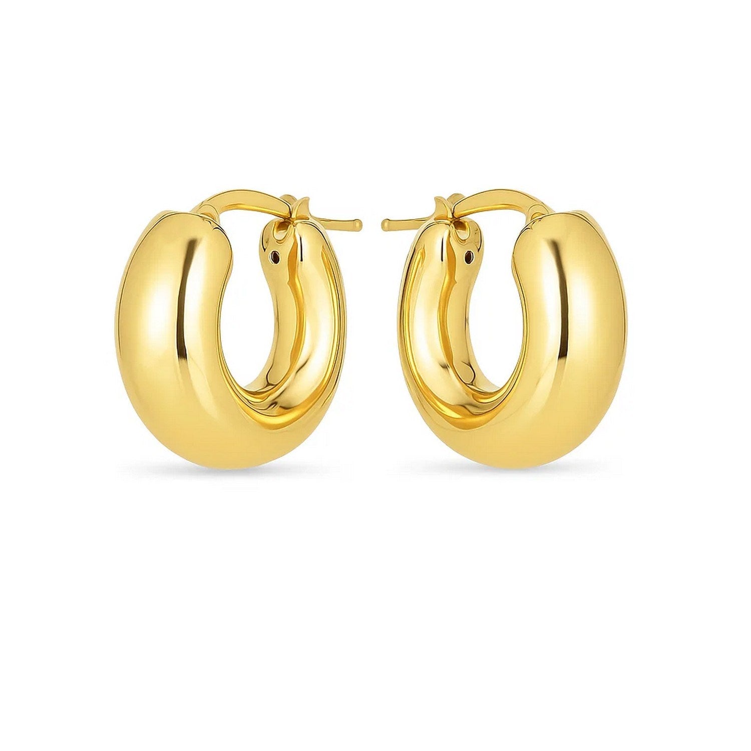 14k yellow gold polished small puffy hoop earrings with a modern design, perfect for elegant everyday wear.
