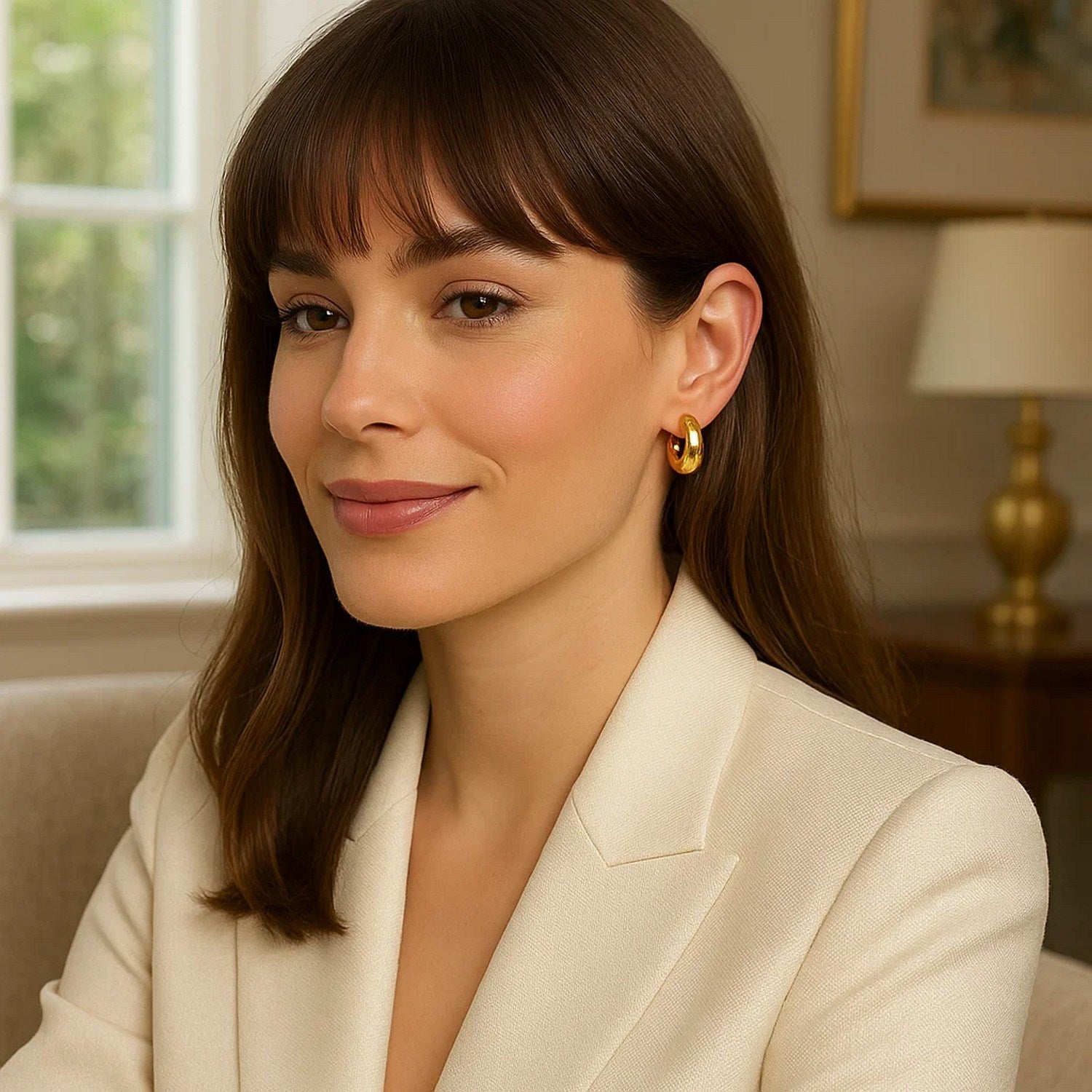 14k yellow gold polished small puffy hoop earrings with a modern design, perfect for elegant everyday wear.