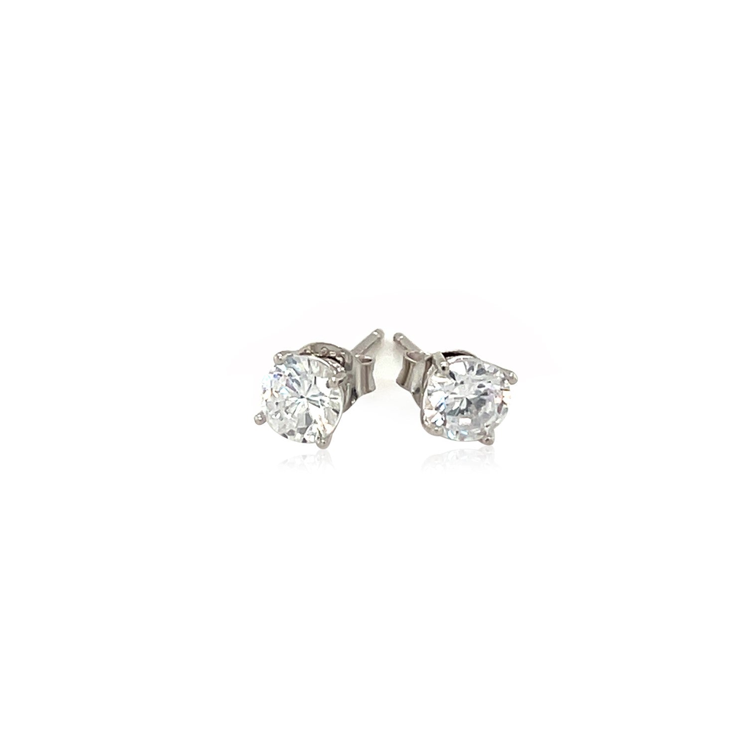 Sterling Silver Polished Faceted Stud Earrings with White Hue Cubic Zirconia