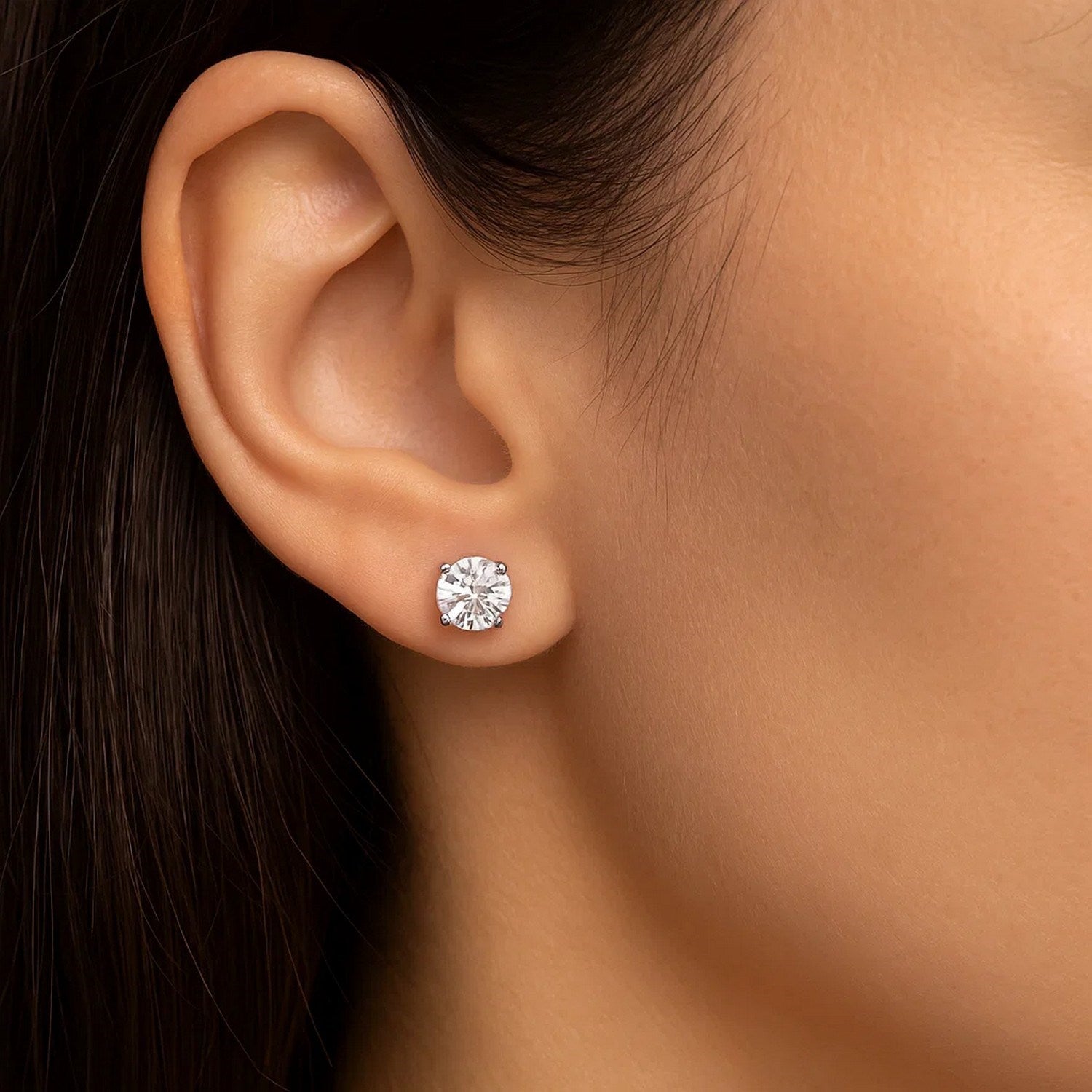 Sterling Silver Polished Faceted Stud Earrings with White Hue Cubic Zirconia