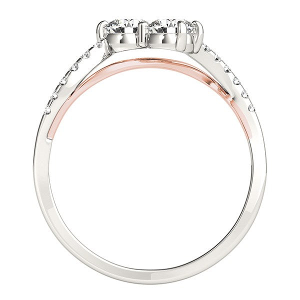 Two stone diamond ring in 14k white and rose gold with a modern curved band design, showcasing exquisite craftsmanship.