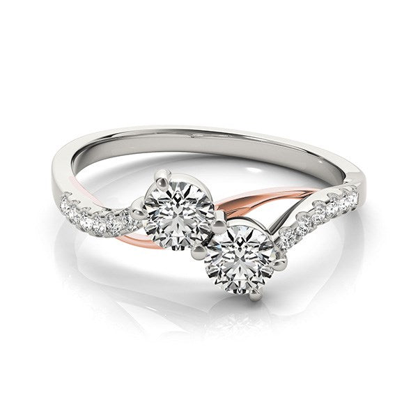 Two stone diamond ring in 14k white and rose gold with a modern curved band design, showcasing exquisite brilliance.