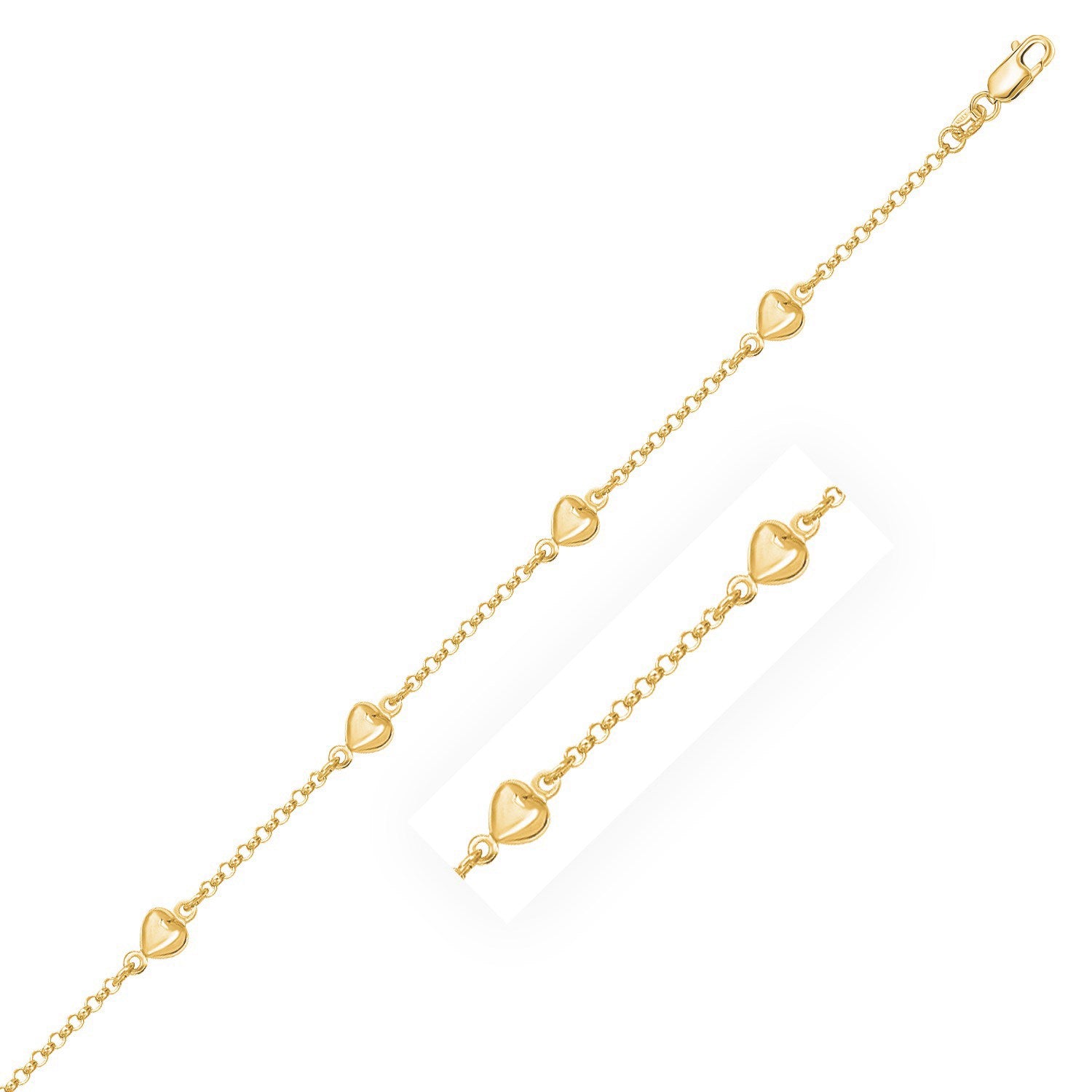 14k yellow gold rolo chain bracelet featuring elegant puffed heart stations, a classic luxury accessory.