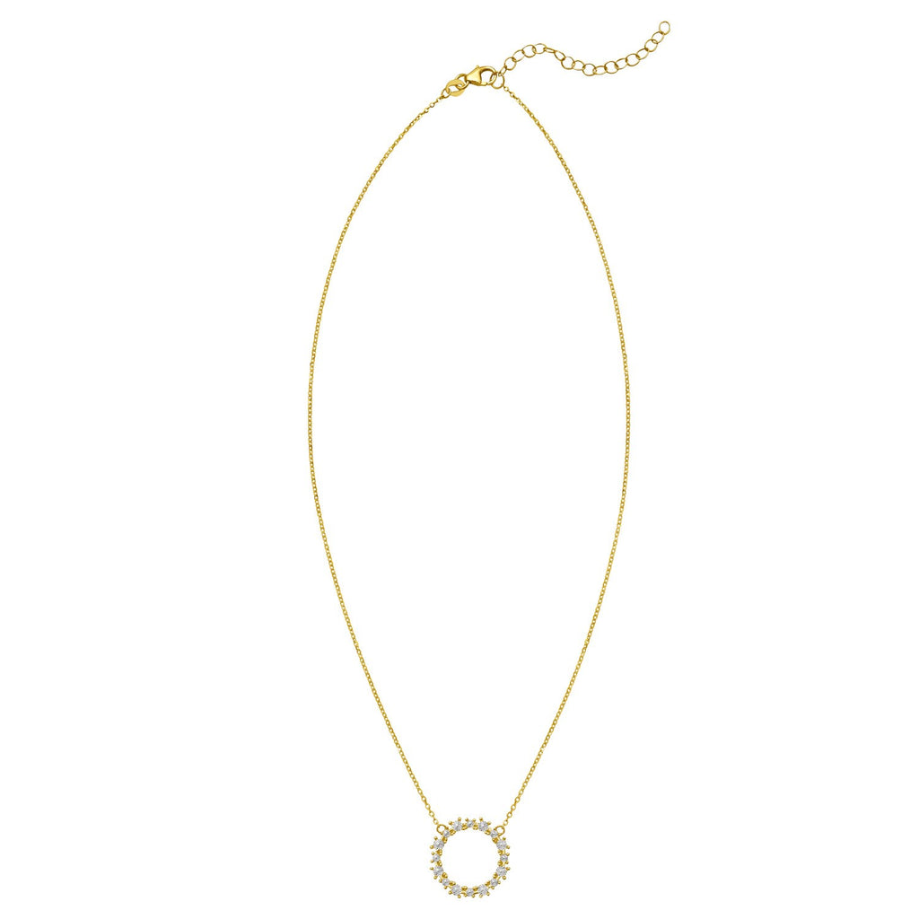 14k yellow gold circle necklace featuring a modern design with sparkling diamonds and a delicate chain.