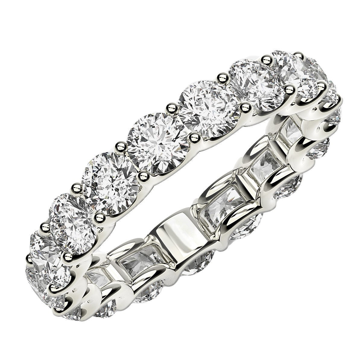 Round cut lab-grown diamond eternity ring in 14k white gold, featuring a stunning halo design for timeless elegance.